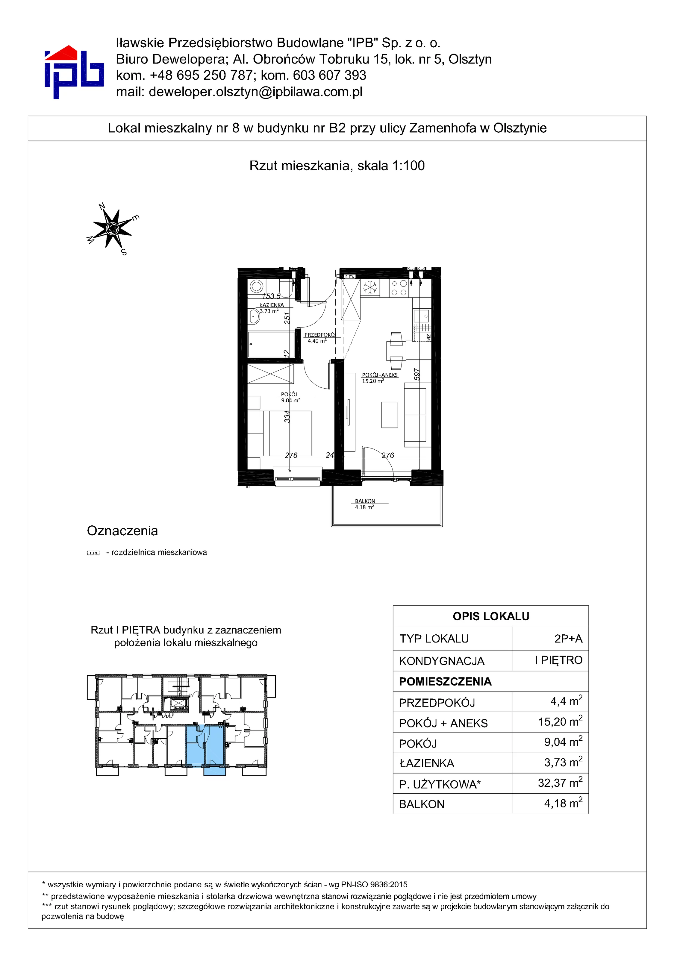 2 pokoje, mieszkanie 32,37 m², piętro 1, oferta nr 8, Esperanto Park Budynek B2, Olsztyn, Podleśna, ul. Zamenhofa