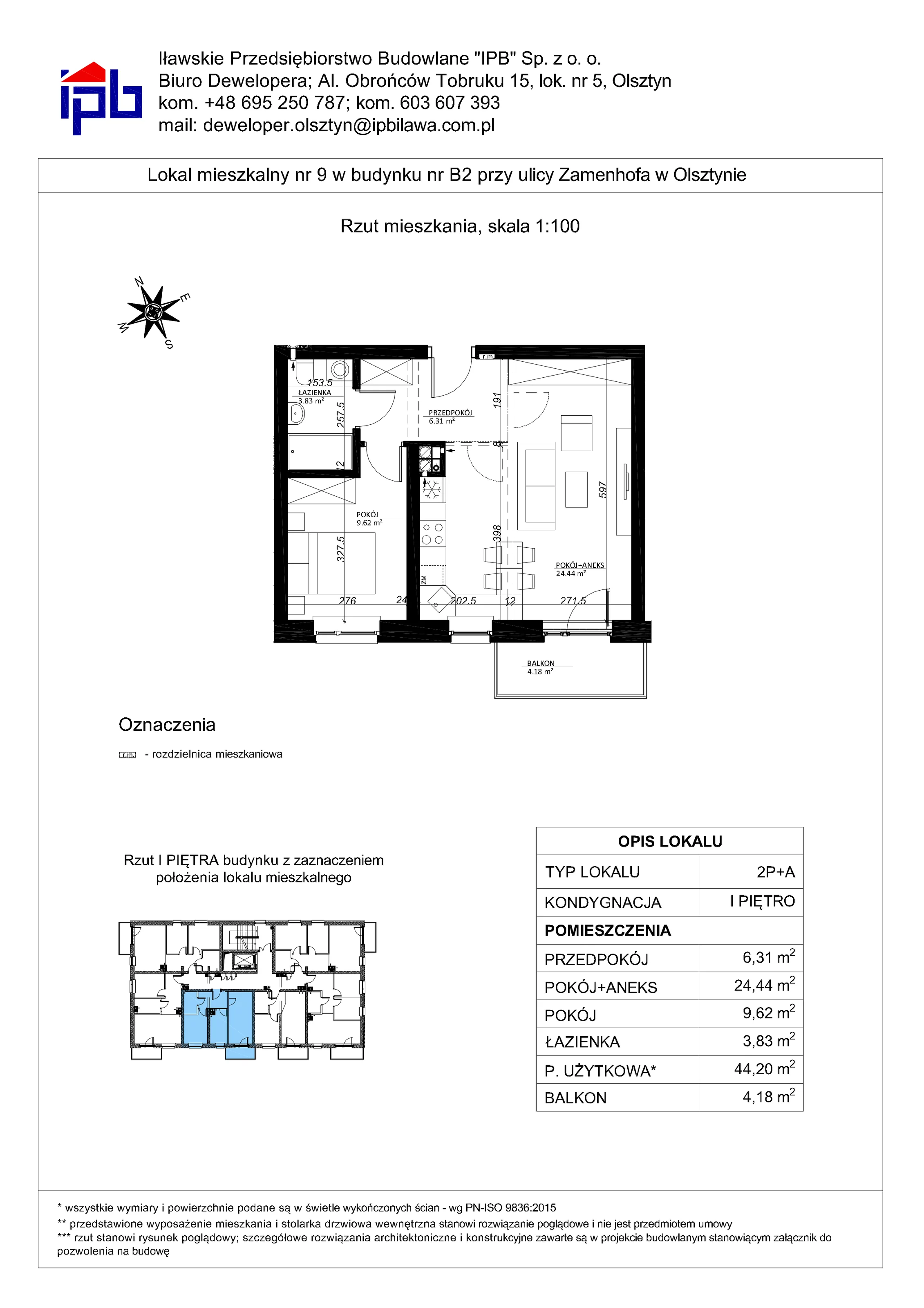 2 pokoje, mieszkanie 44,20 m², piętro 1, oferta nr 9, Esperanto Park Budynek B2, Olsztyn, Podleśna, ul. Zamenhofa