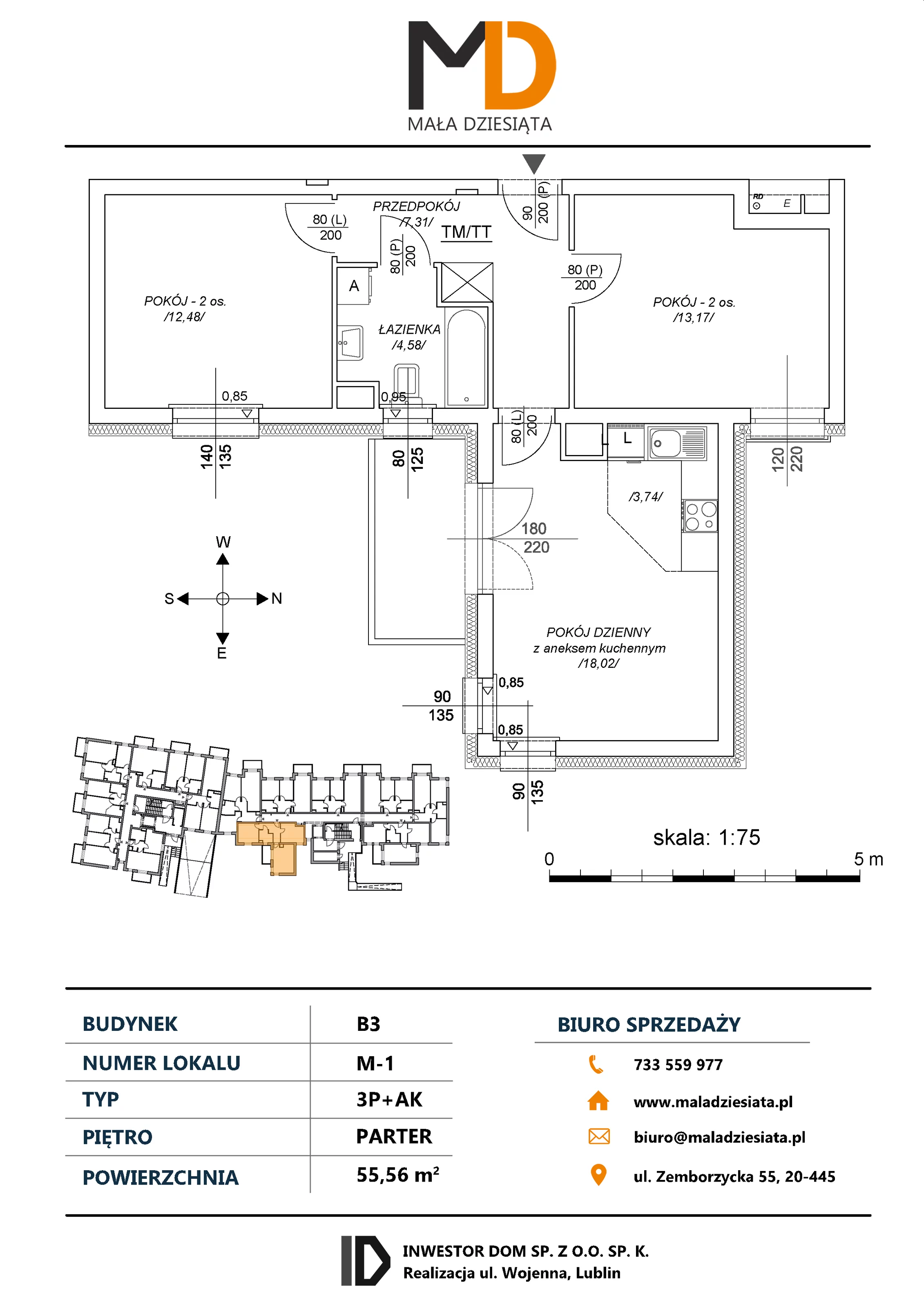 3 pokoje, mieszkanie 55,56 m², parter, oferta nr M1, Mała Dziesiąta, Lublin, Dziesiąta, ul. Wojenna