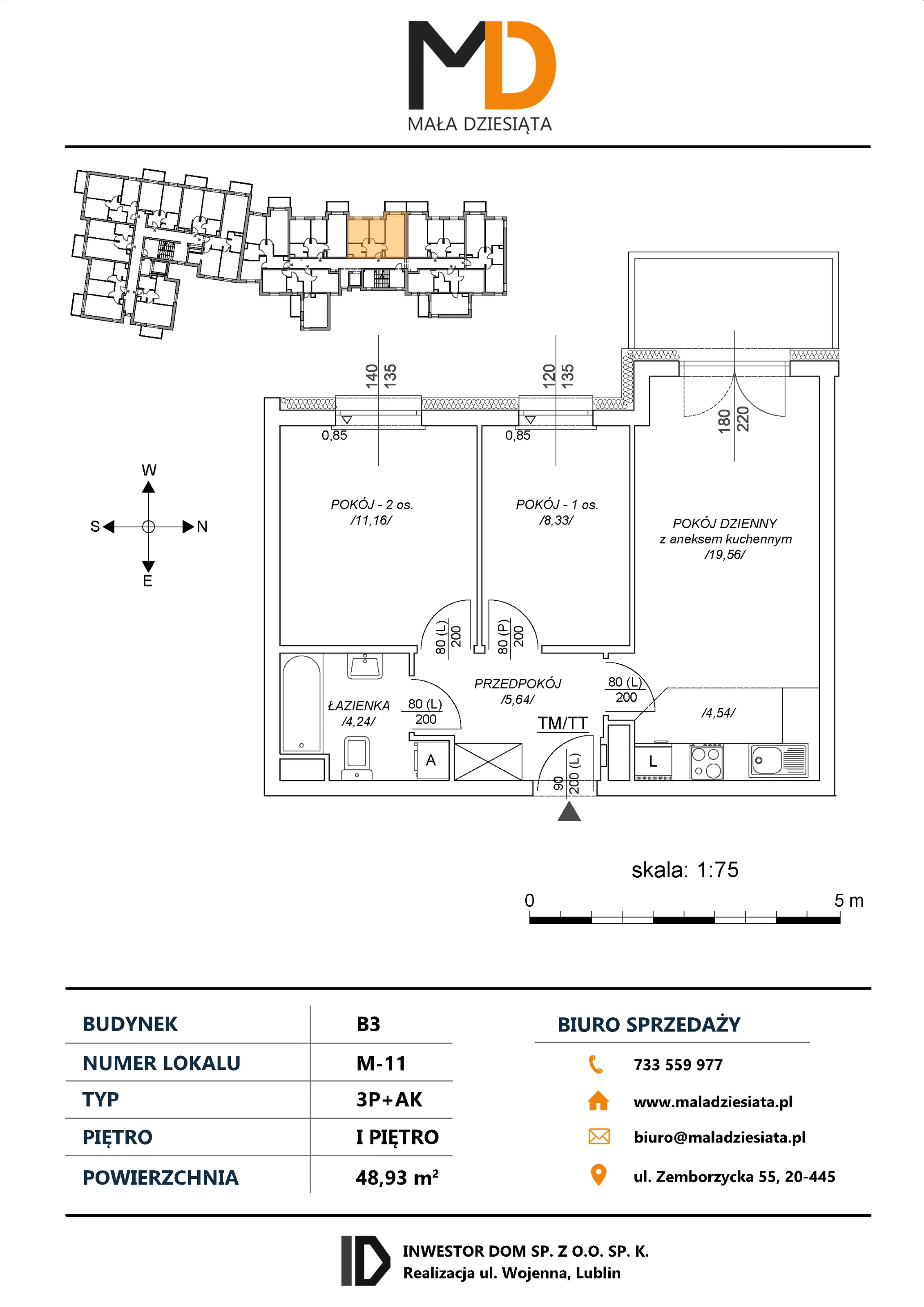 3 pokoje, mieszkanie 48,93 m², piętro 1, oferta nr M11, Mała Dziesiąta, Lublin, Dziesiąta, ul. Wojenna