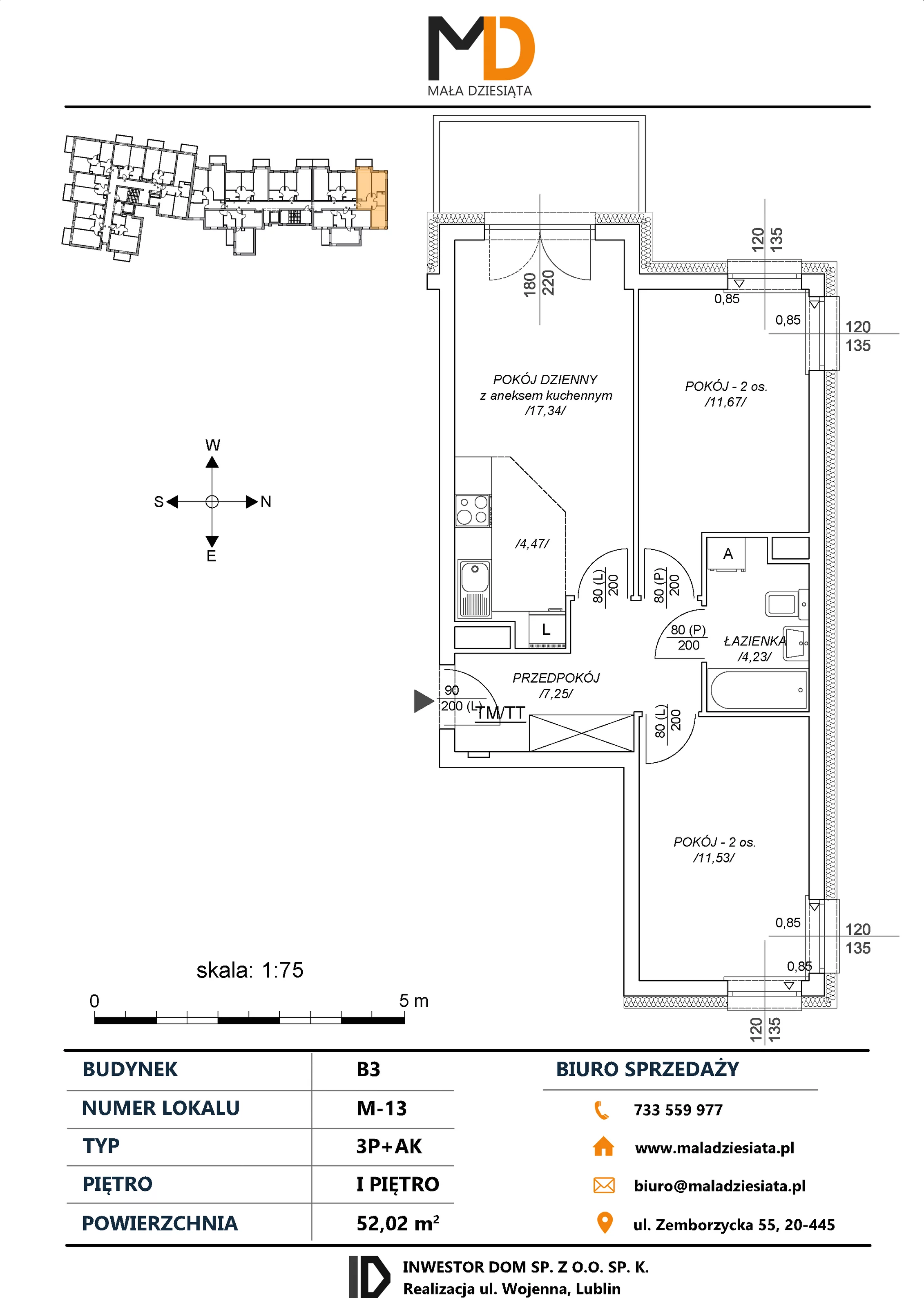 3 pokoje, mieszkanie 52,02 m², piętro 1, oferta nr M13, Mała Dziesiąta, Lublin, Dziesiąta, ul. Wojenna
