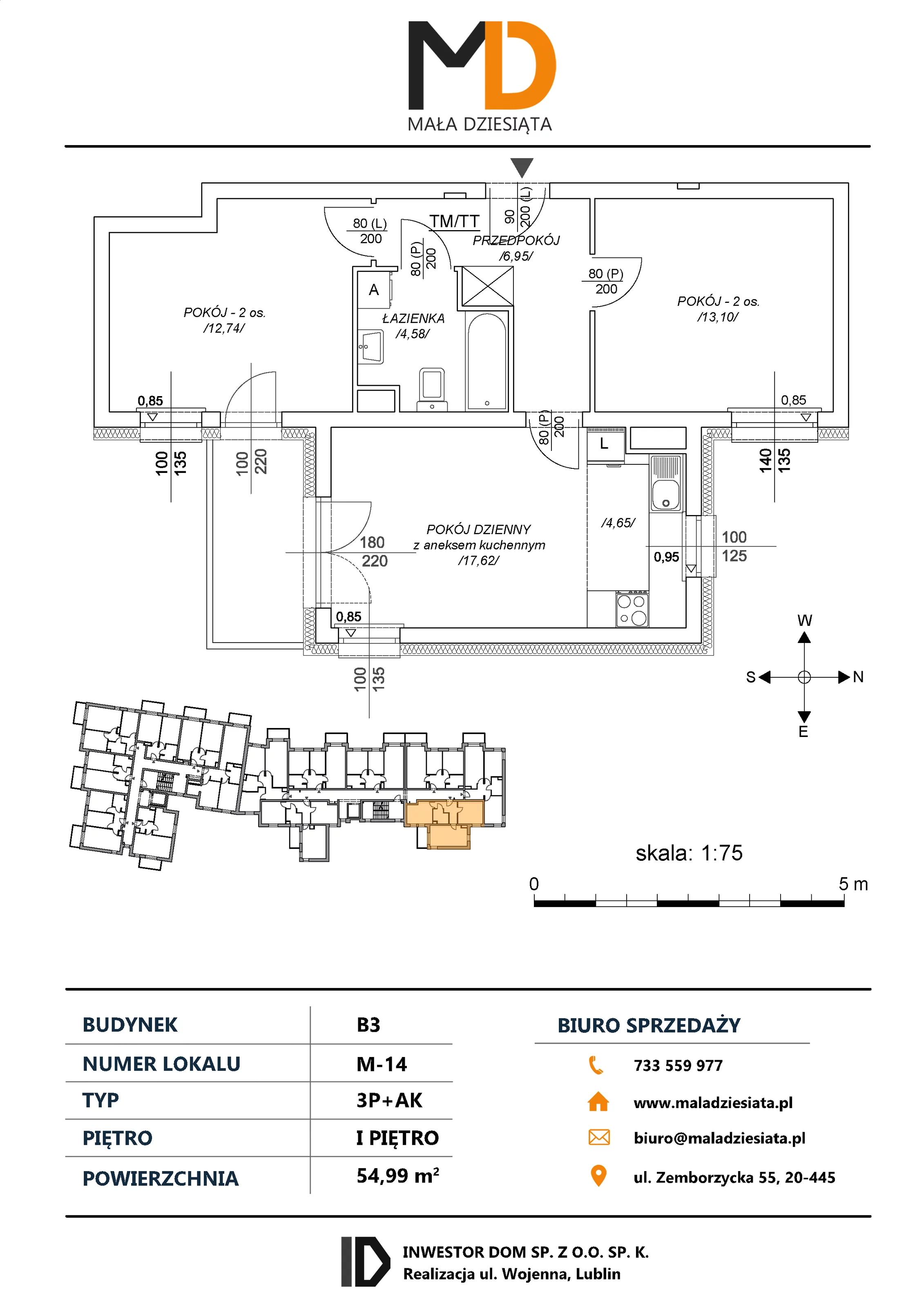 3 pokoje, mieszkanie 54,99 m², piętro 1, oferta nr M14, Mała Dziesiąta, Lublin, Dziesiąta, ul. Wojenna