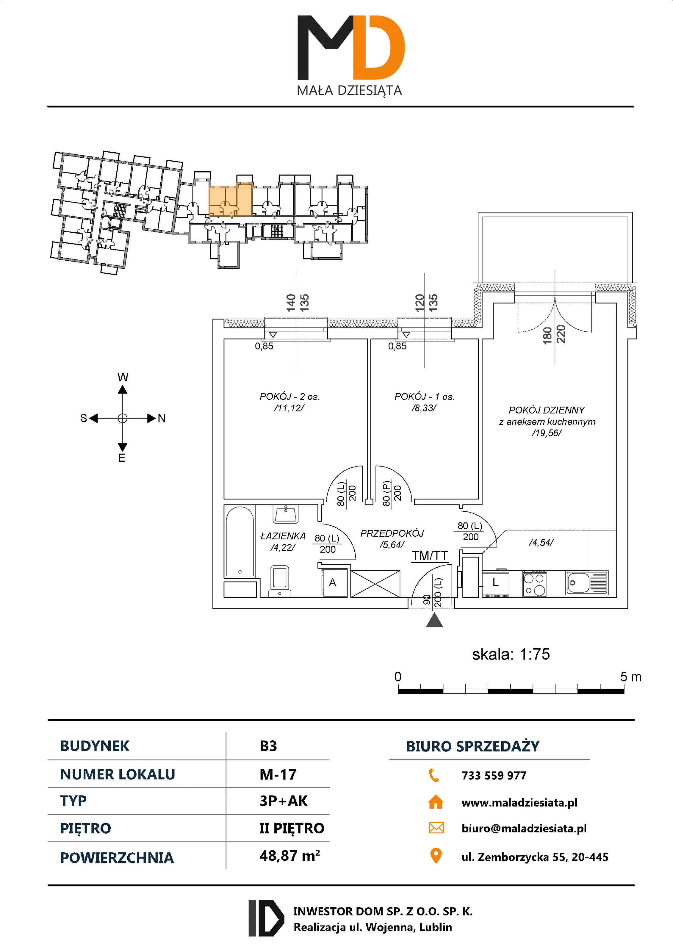 3 pokoje, mieszkanie 48,87 m², piętro 2, oferta nr M17, Mała Dziesiąta, Lublin, Dziesiąta, ul. Wojenna