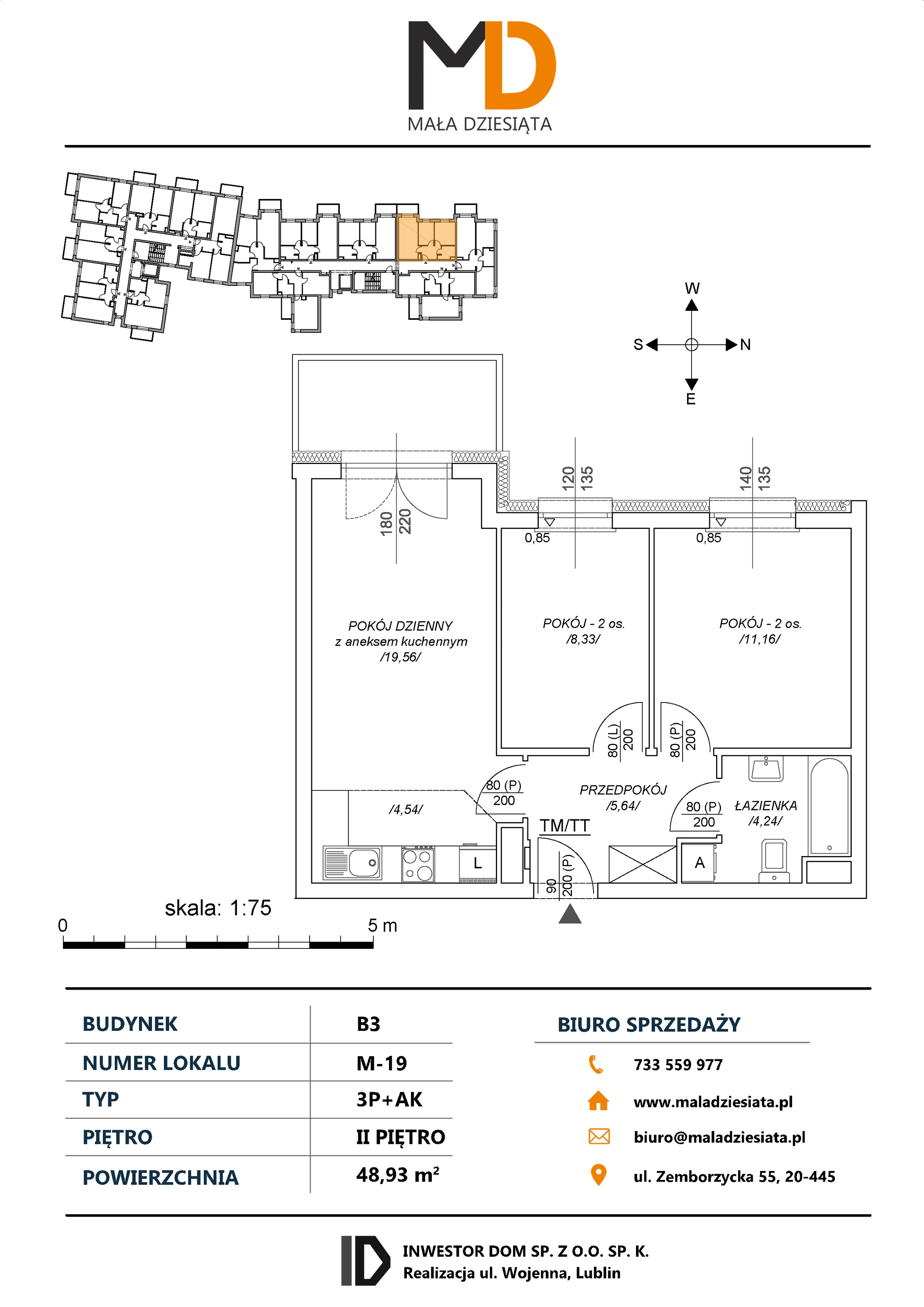 3 pokoje, mieszkanie 48,93 m², piętro 2, oferta nr M19, Mała Dziesiąta, Lublin, Dziesiąta, ul. Wojenna