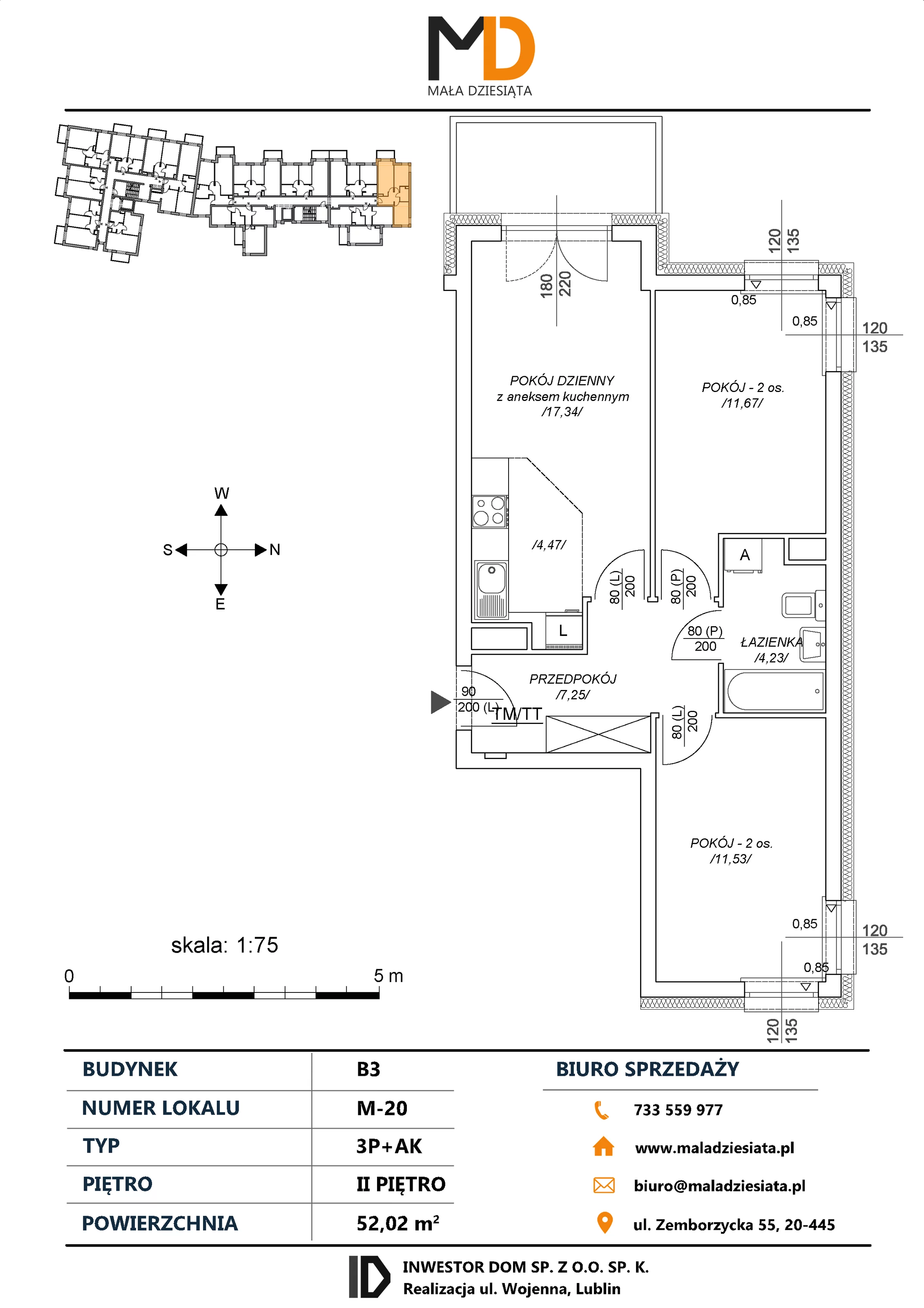 3 pokoje, mieszkanie 52,02 m², piętro 2, oferta nr M20, Mała Dziesiąta, Lublin, Dziesiąta, ul. Wojenna