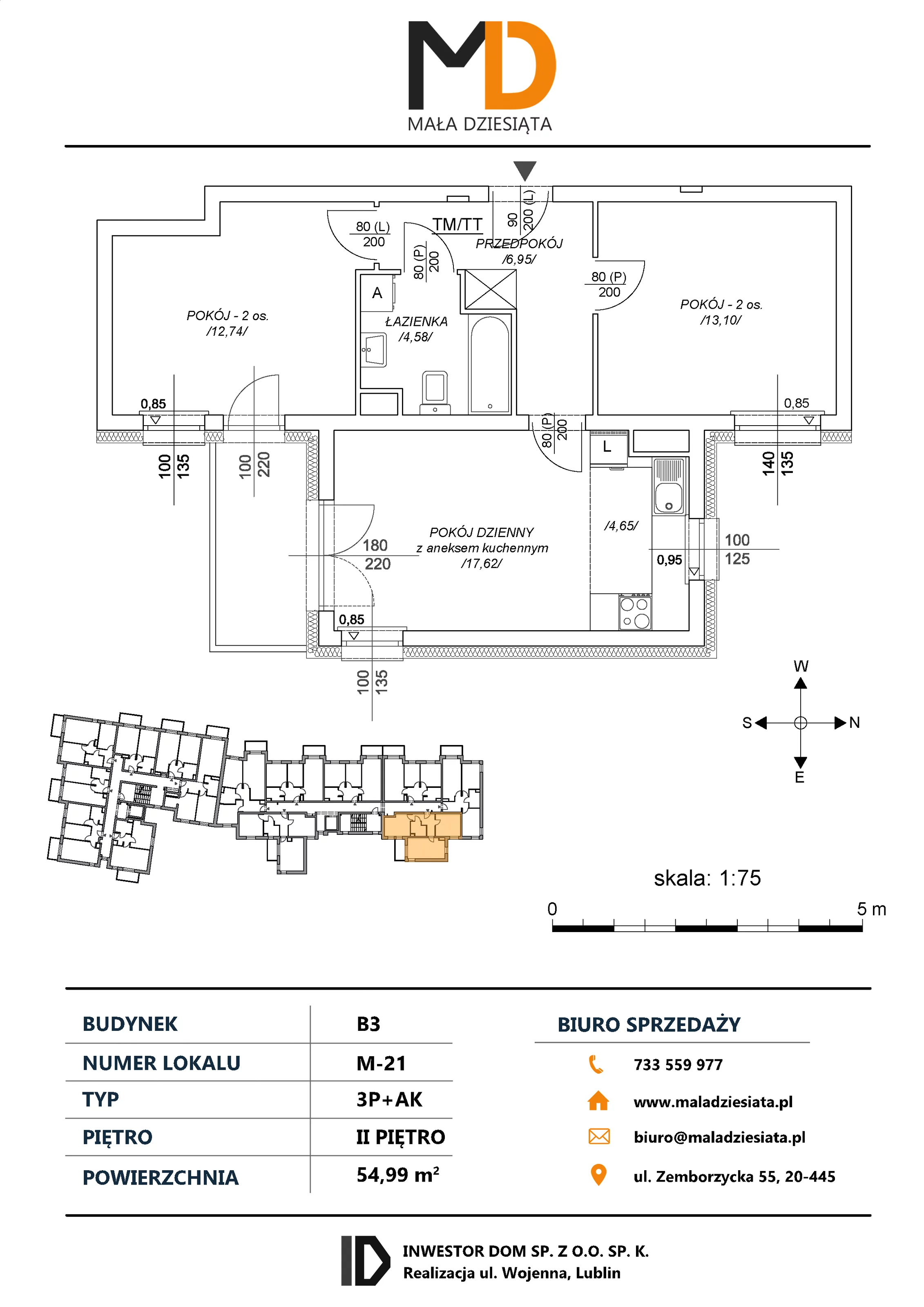 3 pokoje, mieszkanie 54,99 m², piętro 2, oferta nr M21, Mała Dziesiąta, Lublin, Dziesiąta, ul. Wojenna