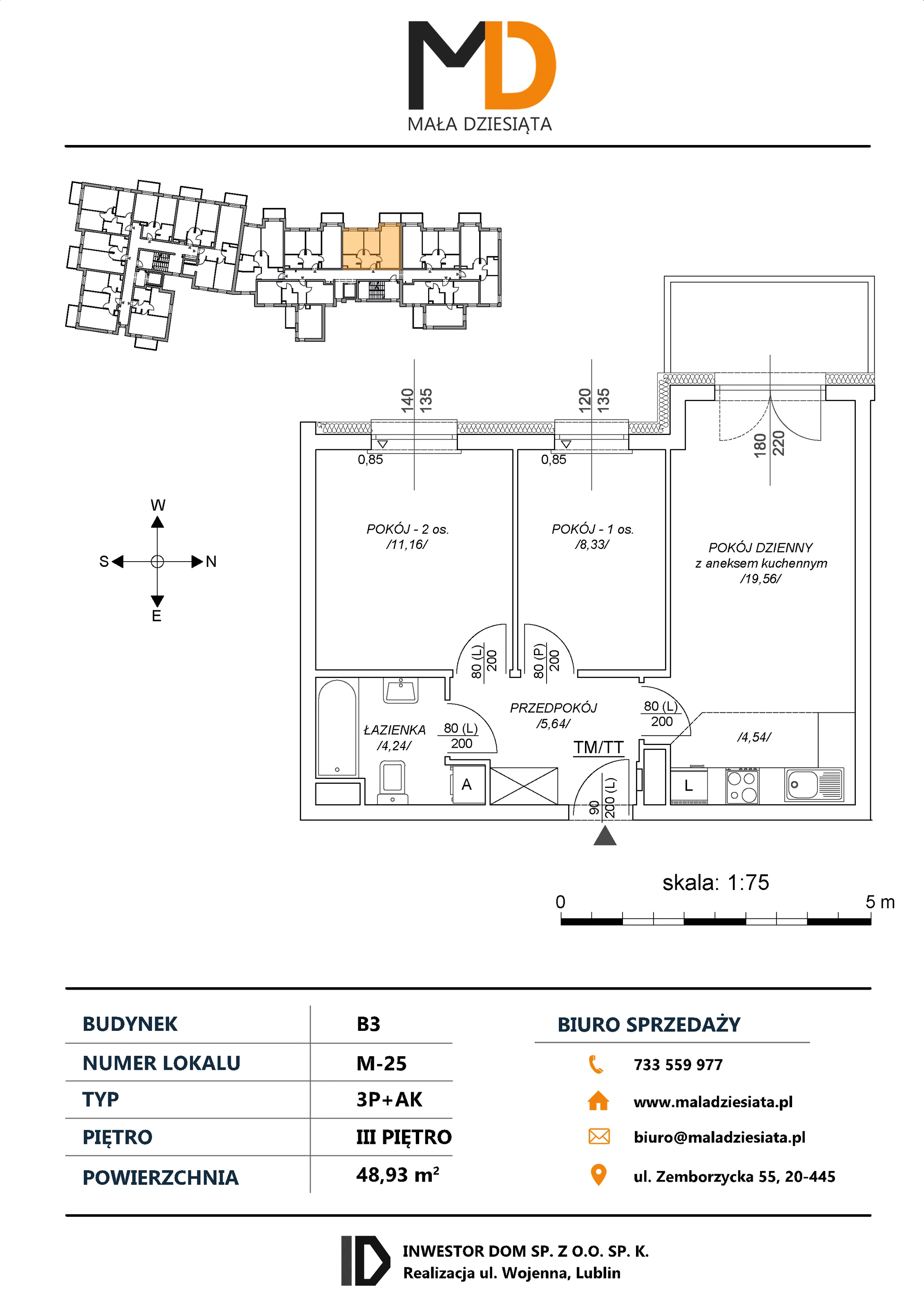 3 pokoje, mieszkanie 48,93 m², piętro 3, oferta nr M25, Mała Dziesiąta, Lublin, Dziesiąta, ul. Wojenna