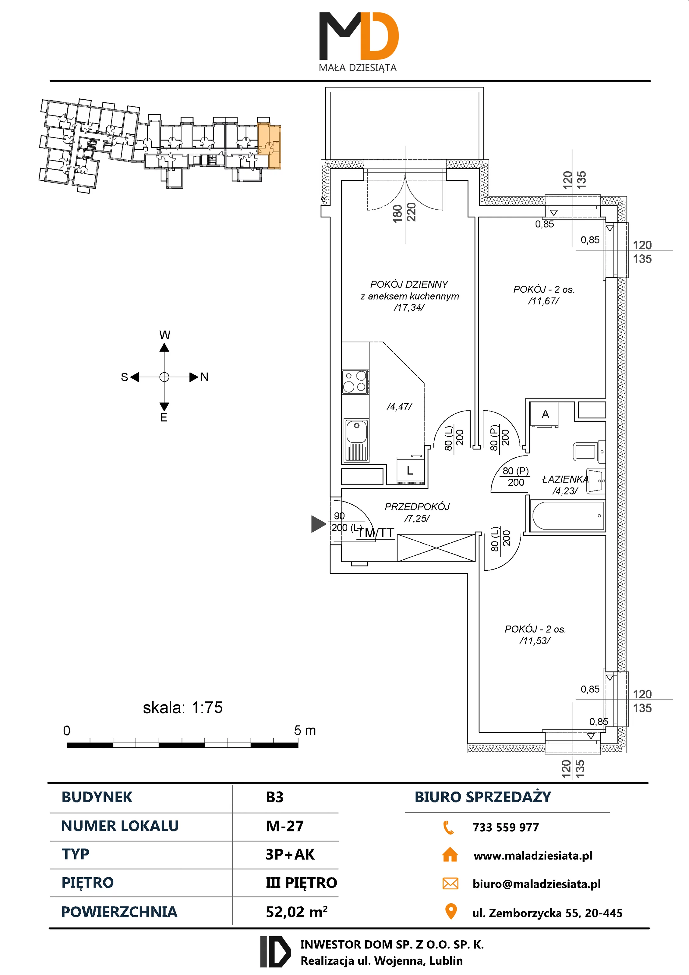 3 pokoje, mieszkanie 52,02 m², piętro 3, oferta nr M27, Mała Dziesiąta, Lublin, Dziesiąta, ul. Wojenna