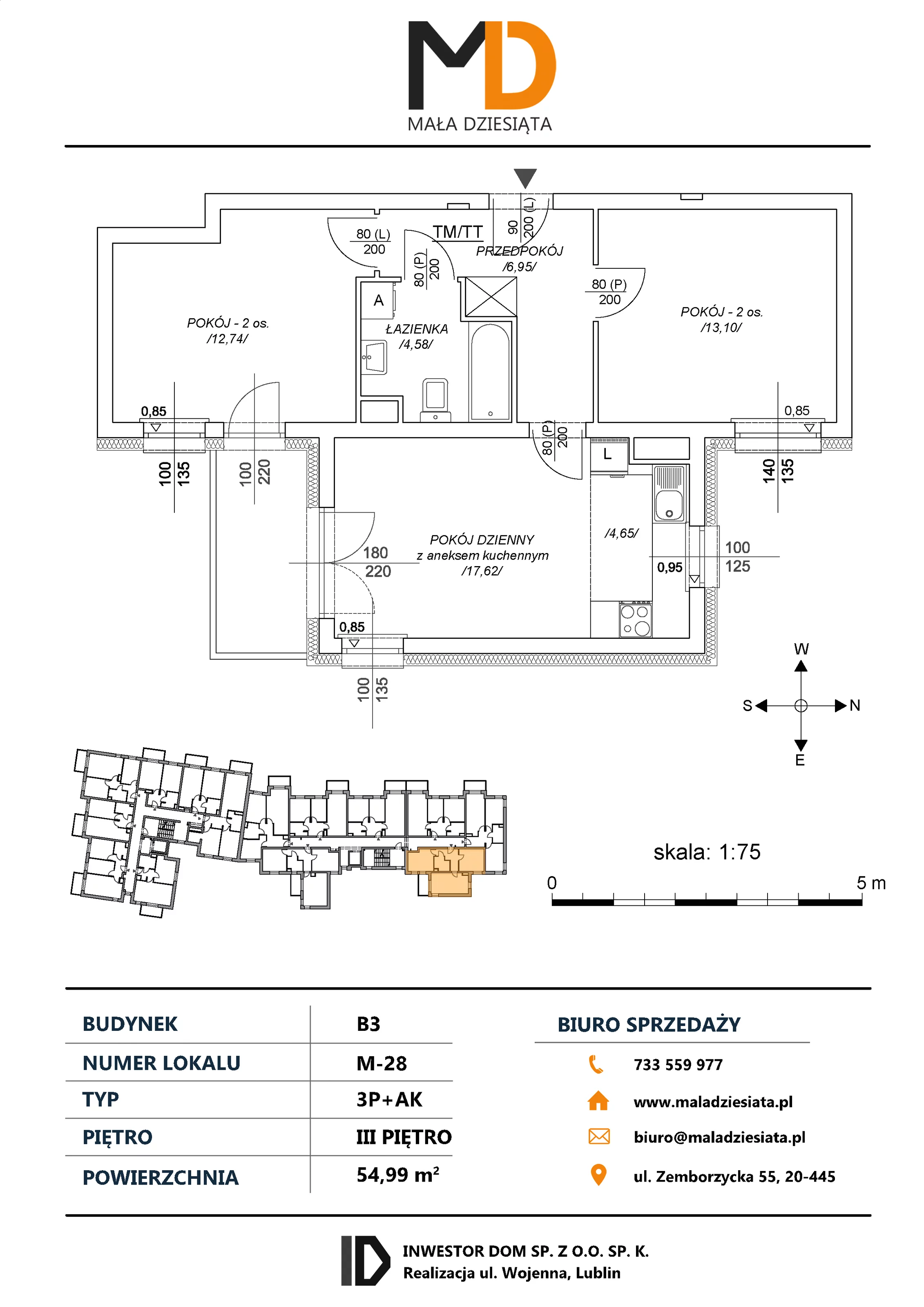 3 pokoje, mieszkanie 54,99 m², piętro 3, oferta nr M28, Mała Dziesiąta, Lublin, Dziesiąta, ul. Wojenna
