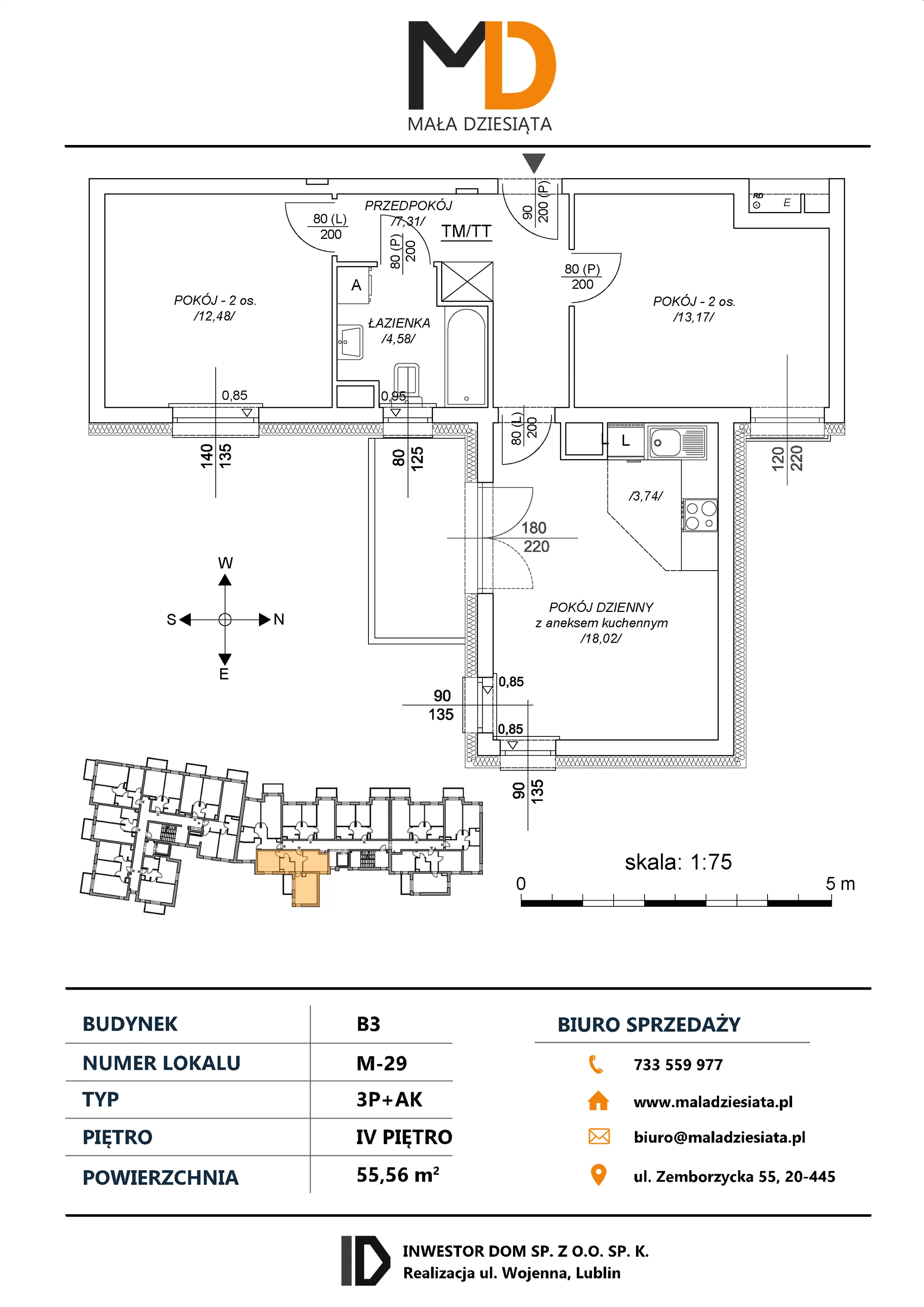 3 pokoje, mieszkanie 55,56 m², piętro 4, oferta nr M29, Mała Dziesiąta, Lublin, Dziesiąta, ul. Wojenna