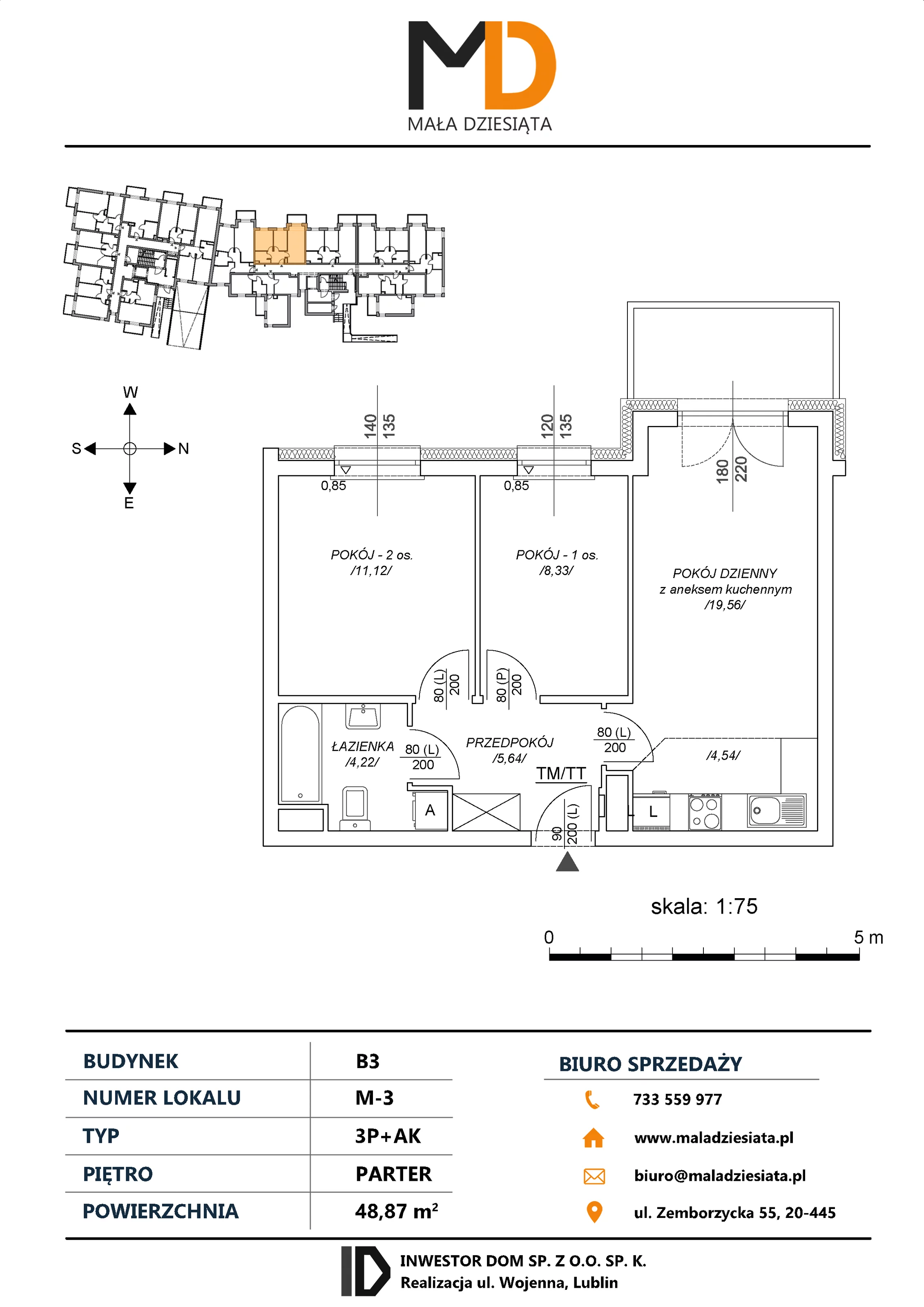 3 pokoje, mieszkanie 48,87 m², parter, oferta nr M3, Mała Dziesiąta, Lublin, Dziesiąta, ul. Wojenna