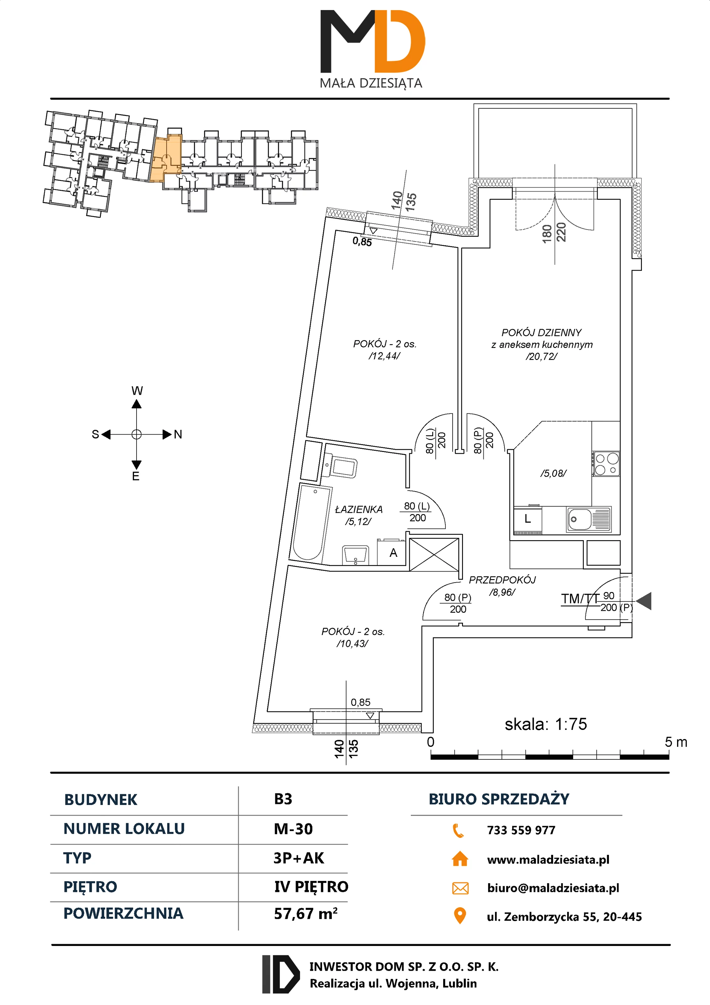 3 pokoje, mieszkanie 57,67 m², piętro 4, oferta nr M30, Mała Dziesiąta, Lublin, Dziesiąta, ul. Wojenna
