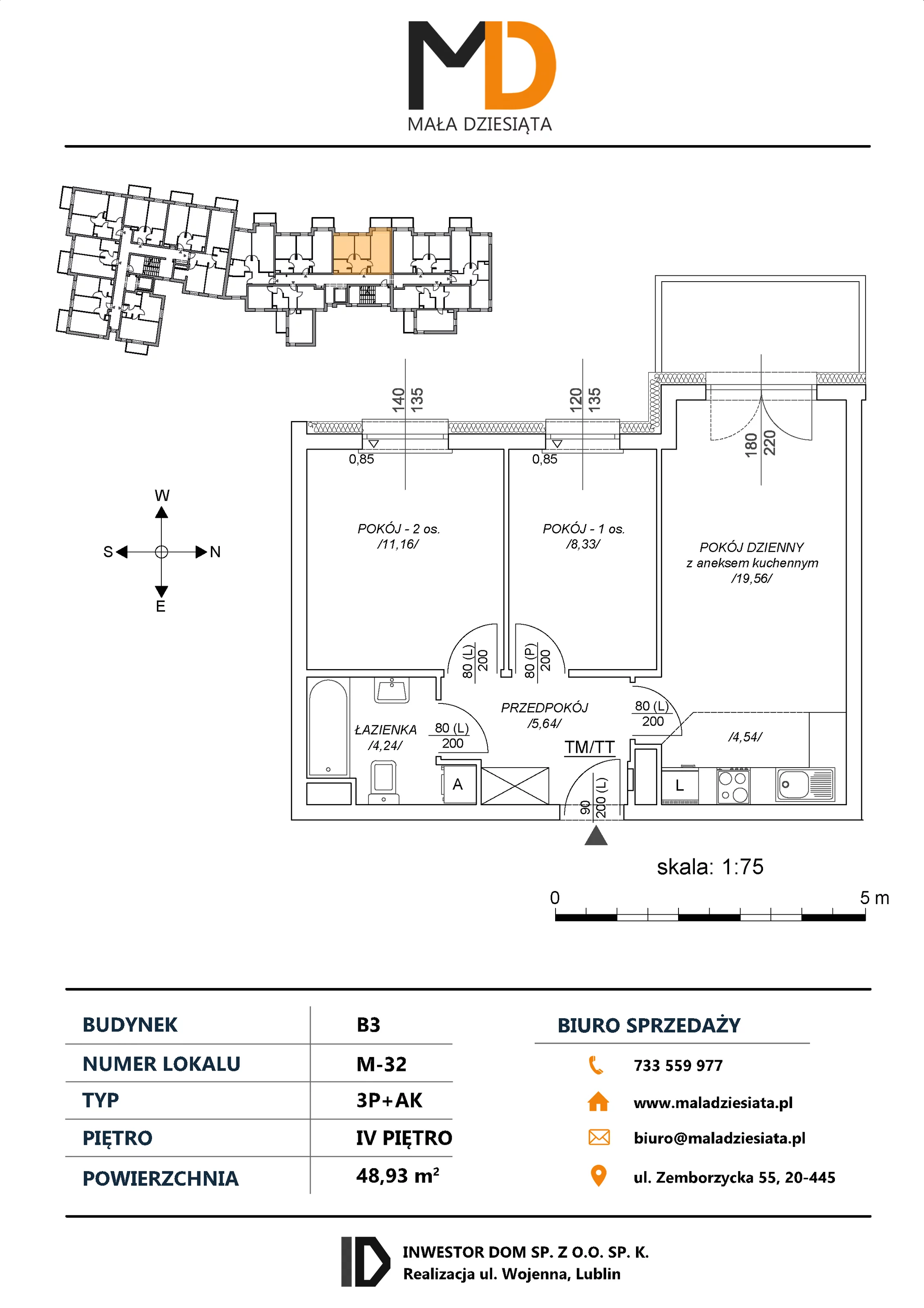 3 pokoje, mieszkanie 48,93 m², piętro 4, oferta nr M32, Mała Dziesiąta, Lublin, Dziesiąta, ul. Wojenna
