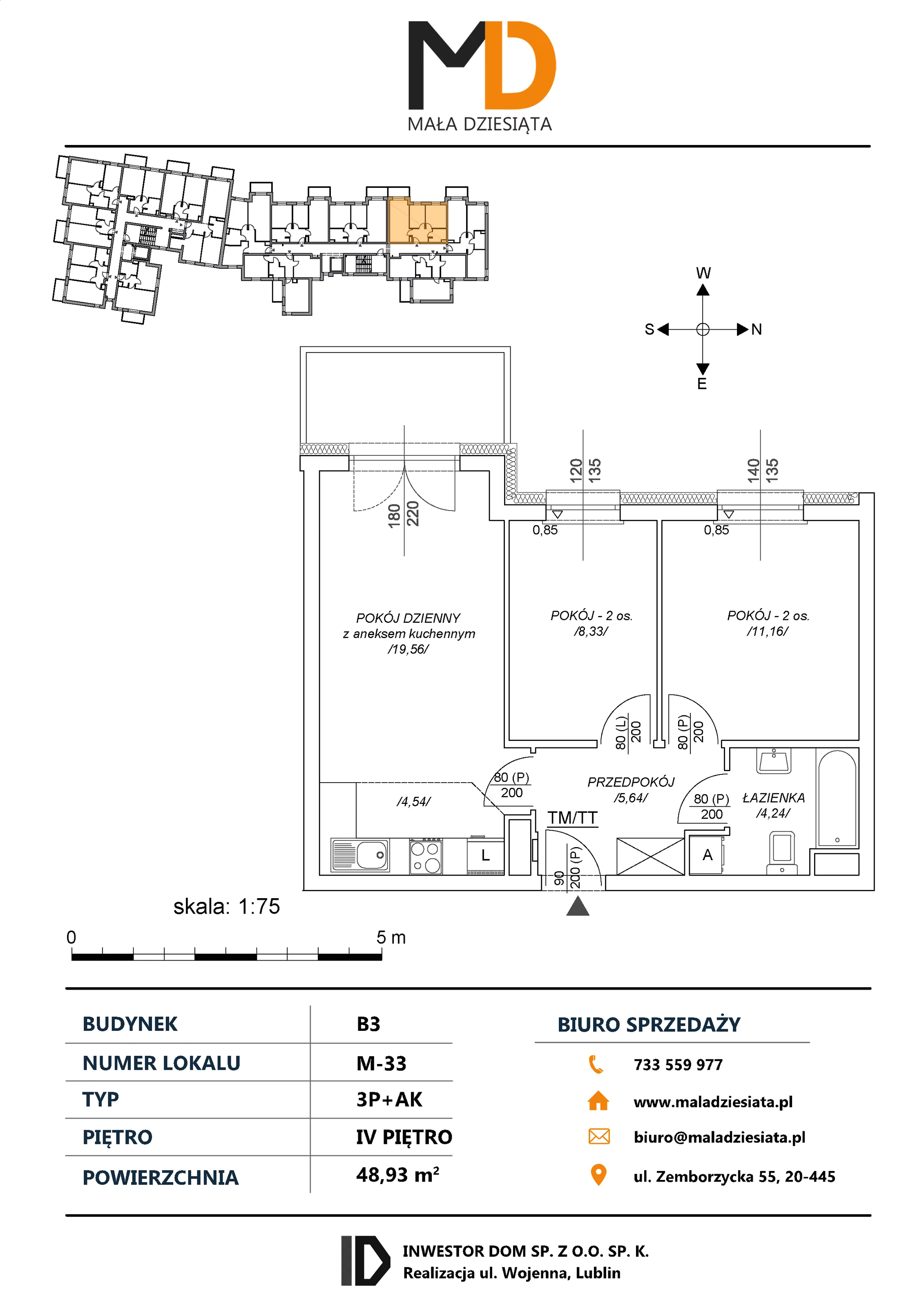 3 pokoje, mieszkanie 48,93 m², piętro 4, oferta nr M33, Mała Dziesiąta, Lublin, Dziesiąta, ul. Wojenna