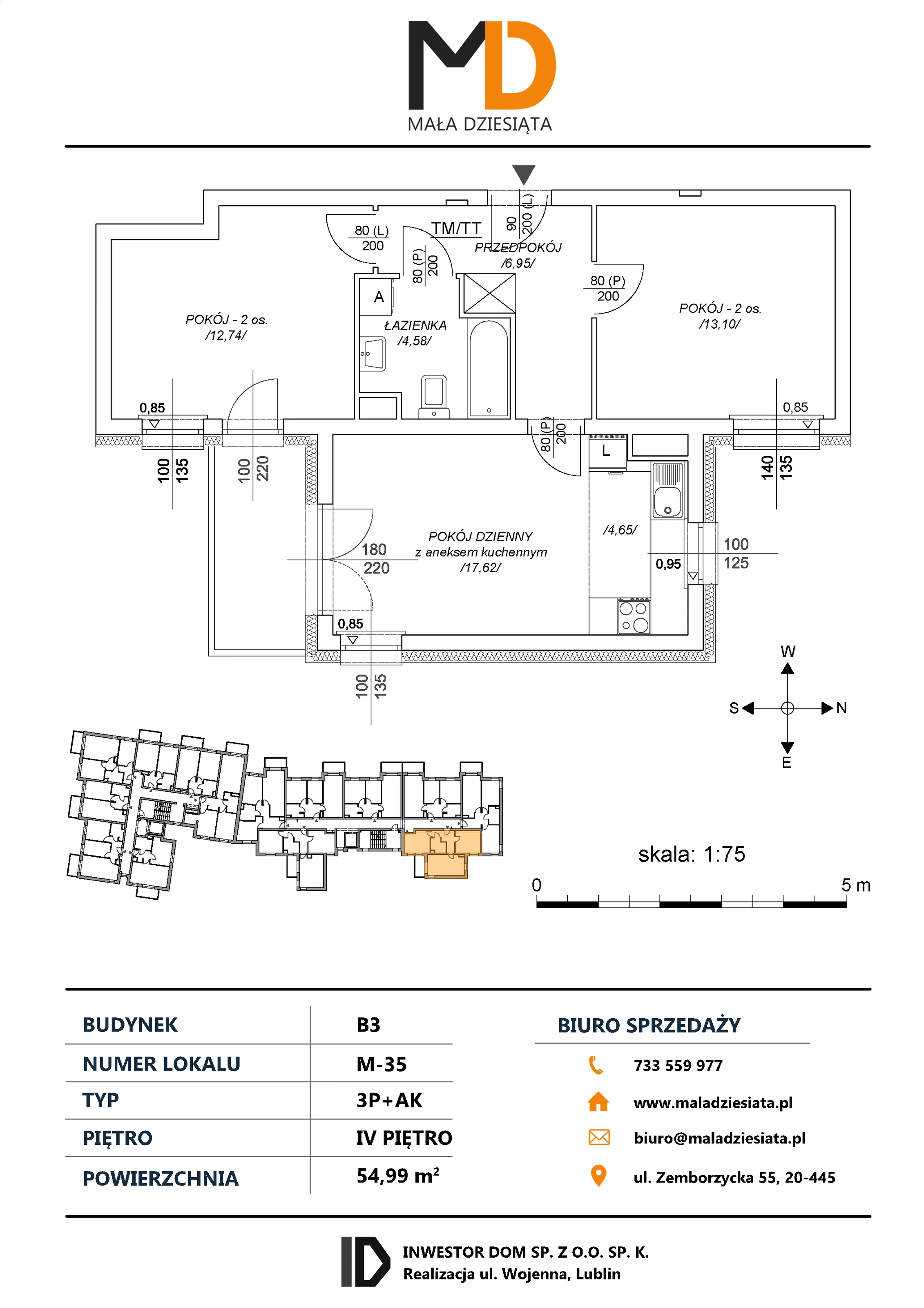 3 pokoje, mieszkanie 54,99 m², piętro 4, oferta nr M35, Mała Dziesiąta, Lublin, Dziesiąta, ul. Wojenna