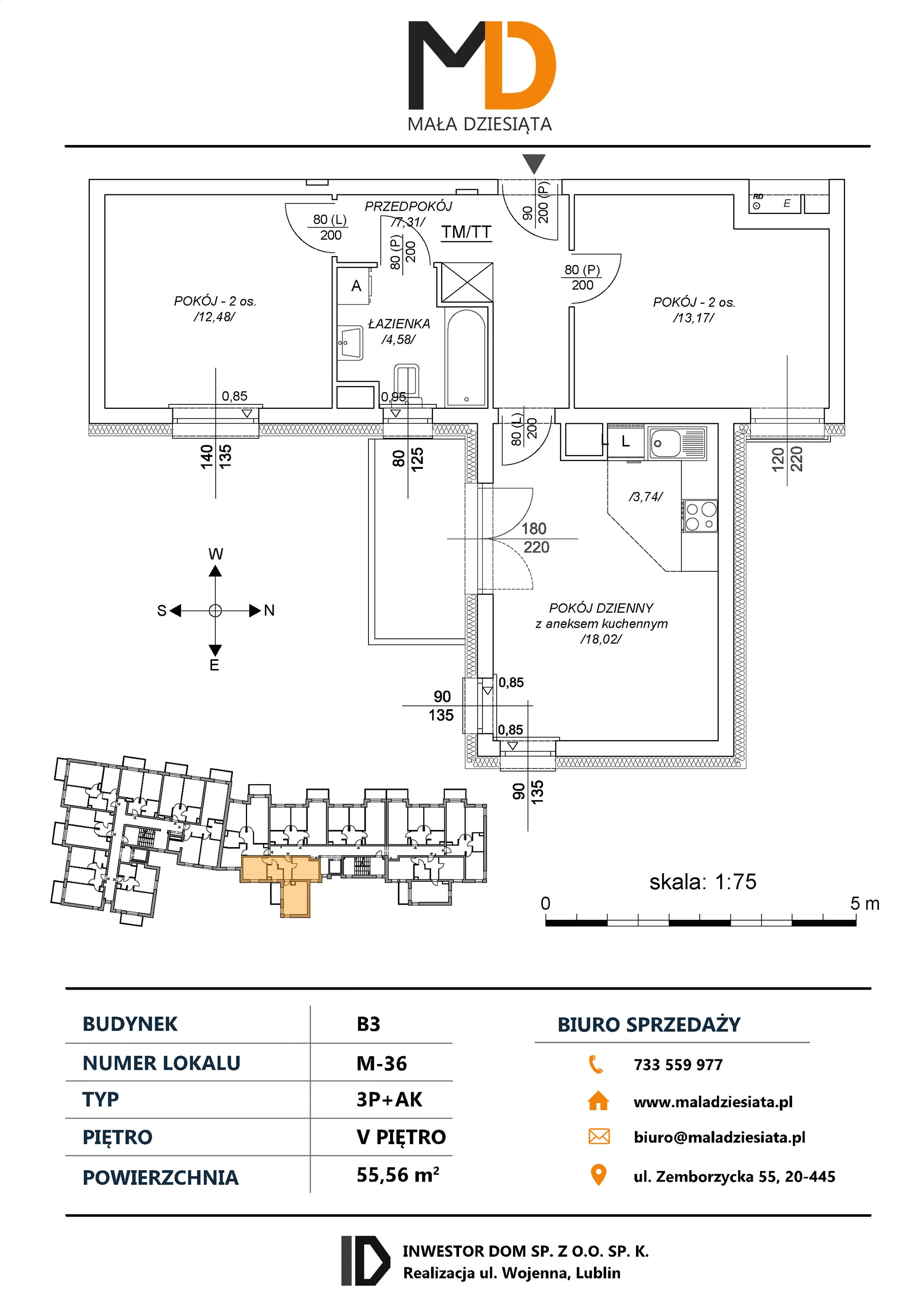 3 pokoje, mieszkanie 55,56 m², piętro 5, oferta nr M36, Mała Dziesiąta, Lublin, Dziesiąta, ul. Wojenna