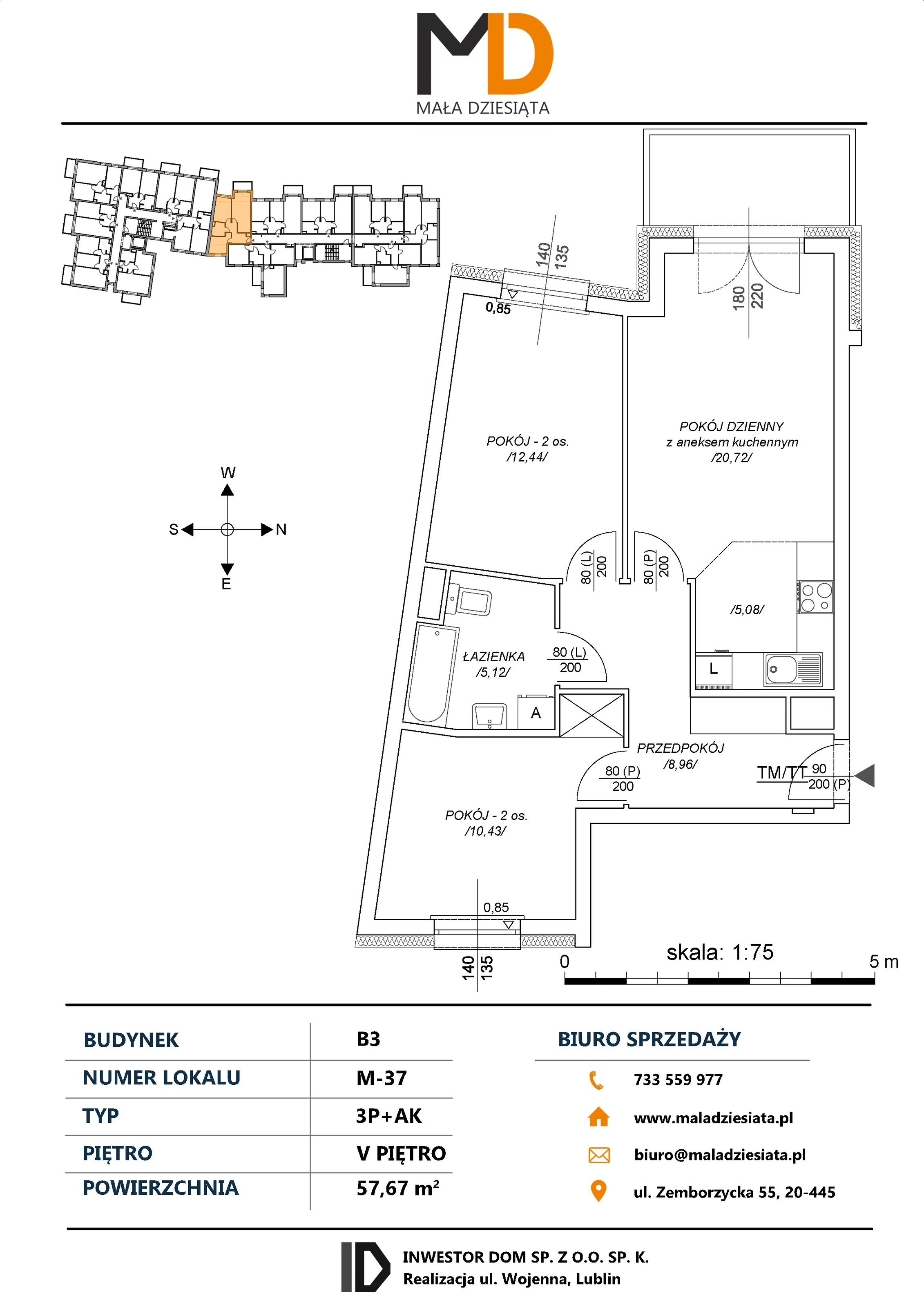 3 pokoje, mieszkanie 57,67 m², piętro 5, oferta nr M37, Mała Dziesiąta, Lublin, Dziesiąta, ul. Wojenna