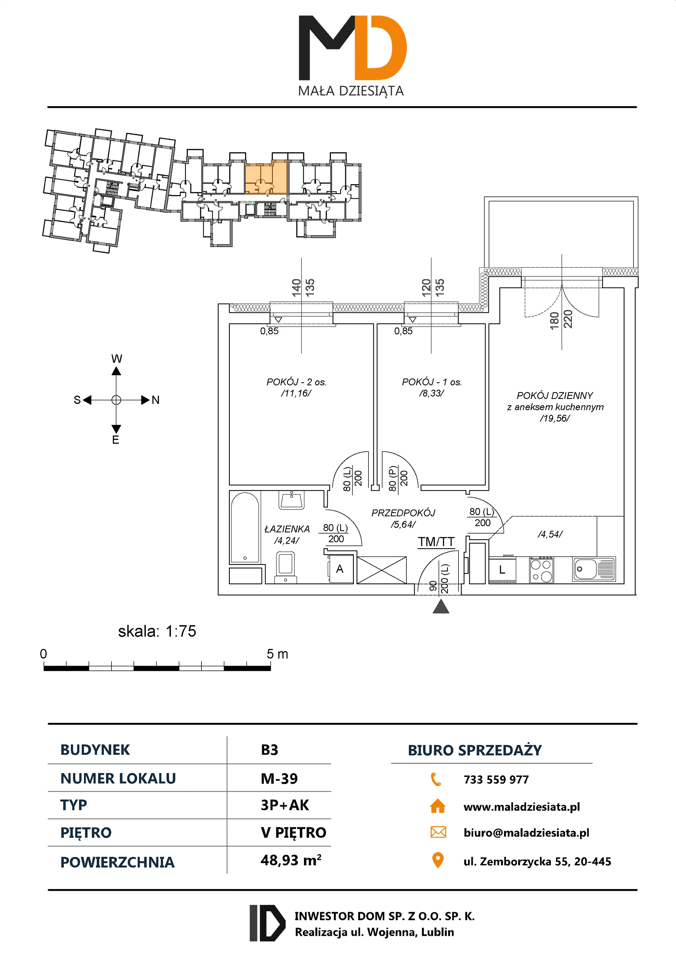3 pokoje, mieszkanie 48,93 m², piętro 5, oferta nr M39, Mała Dziesiąta, Lublin, Dziesiąta, ul. Wojenna