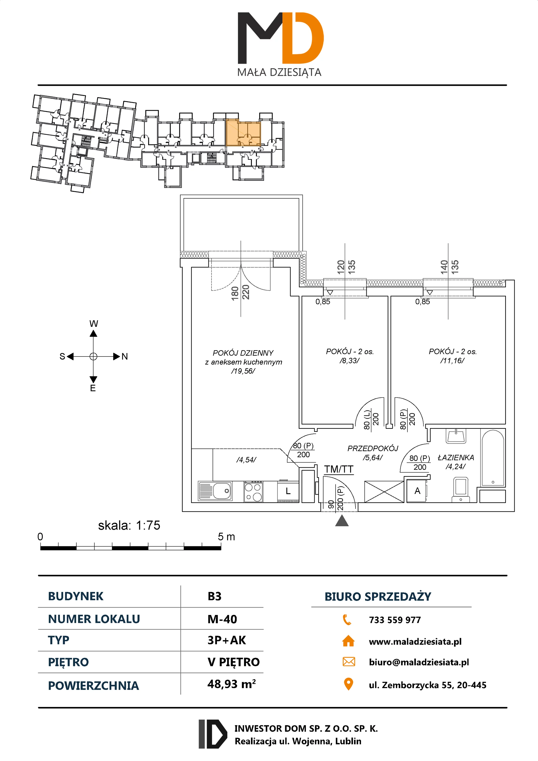 3 pokoje, mieszkanie 48,93 m², piętro 5, oferta nr M40, Mała Dziesiąta, Lublin, Dziesiąta, ul. Wojenna