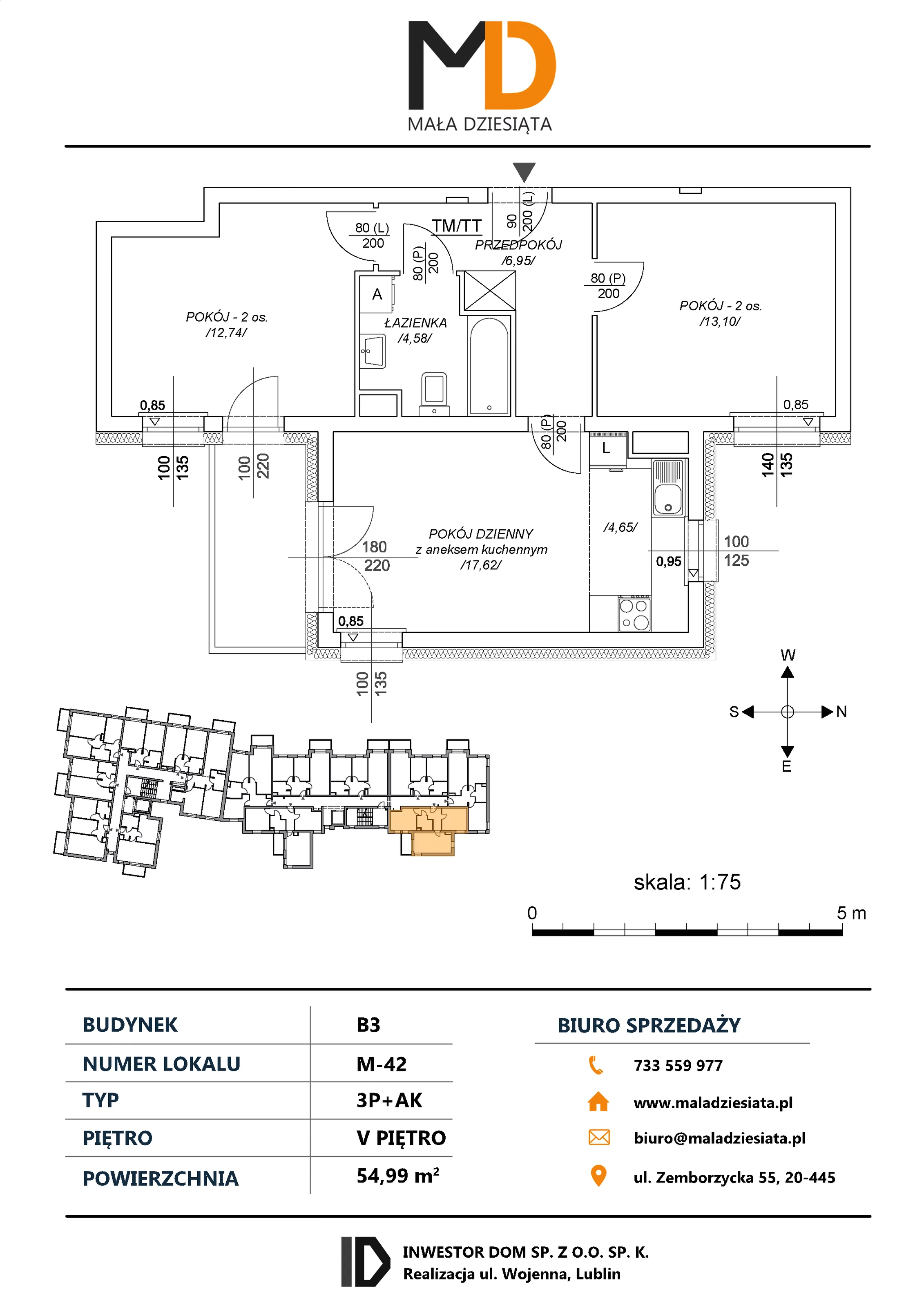 3 pokoje, mieszkanie 54,99 m², piętro 5, oferta nr M42, Mała Dziesiąta, Lublin, Dziesiąta, ul. Wojenna