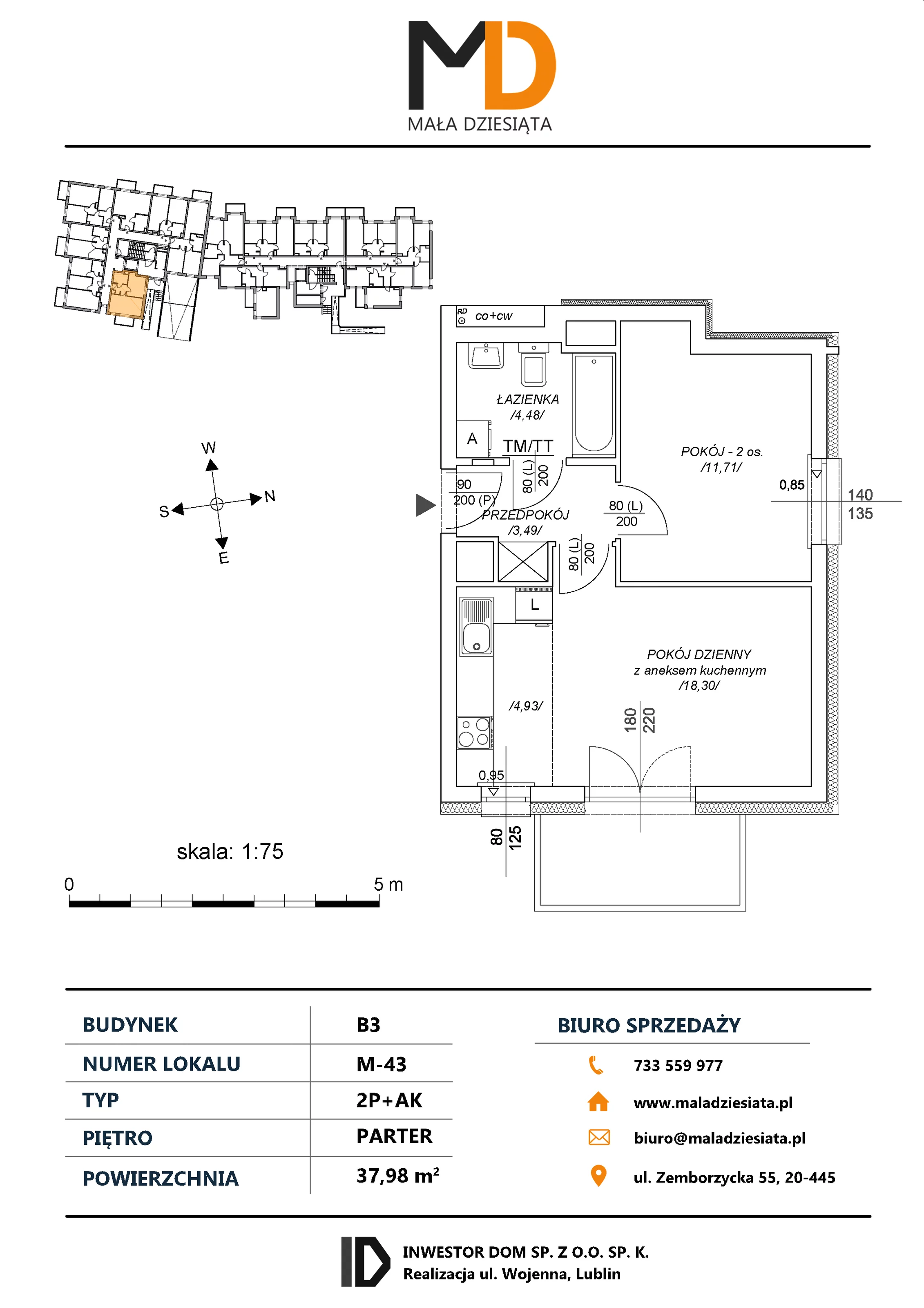 2 pokoje, mieszkanie 37,98 m², parter, oferta nr M43, Mała Dziesiąta, Lublin, Dziesiąta, ul. Wojenna