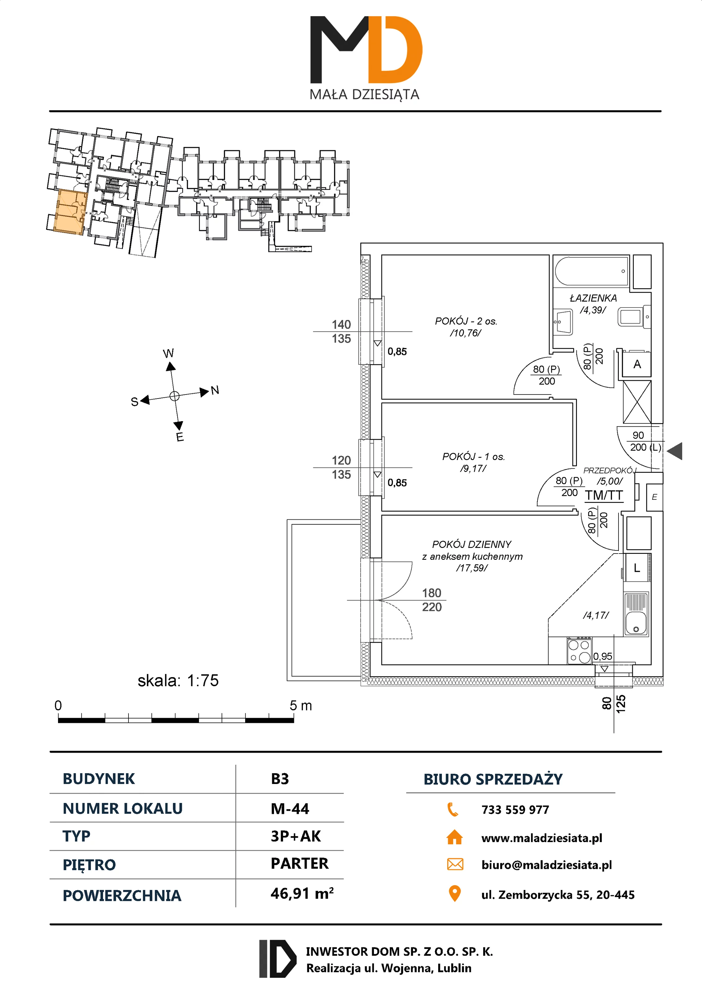 3 pokoje, mieszkanie 46,91 m², parter, oferta nr M44, Mała Dziesiąta, Lublin, Dziesiąta, ul. Wojenna
