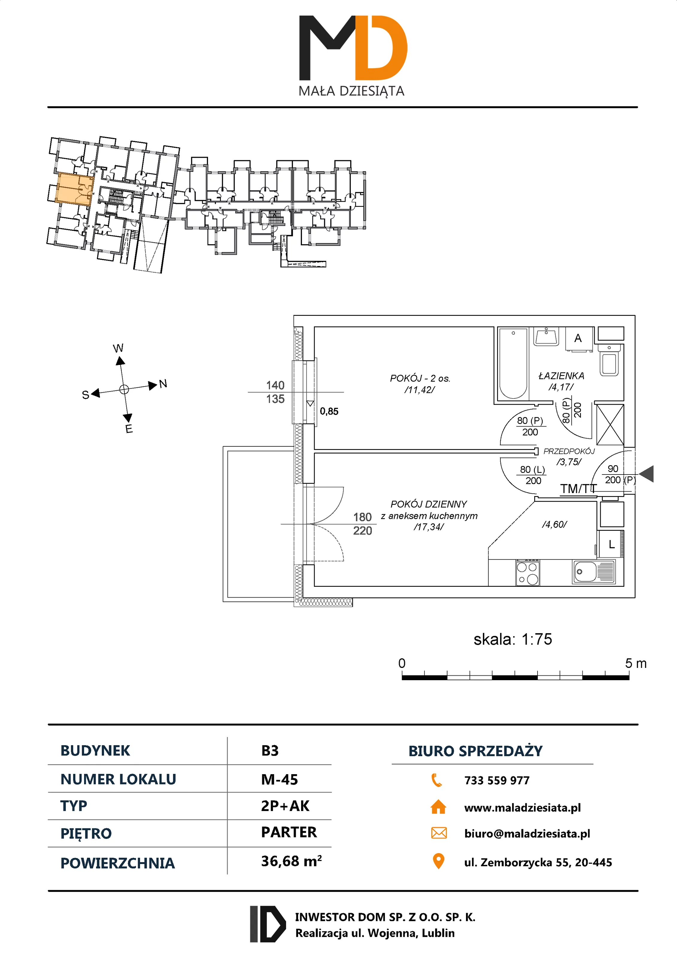 2 pokoje, mieszkanie 36,68 m², parter, oferta nr M45, Mała Dziesiąta, Lublin, Dziesiąta, ul. Wojenna