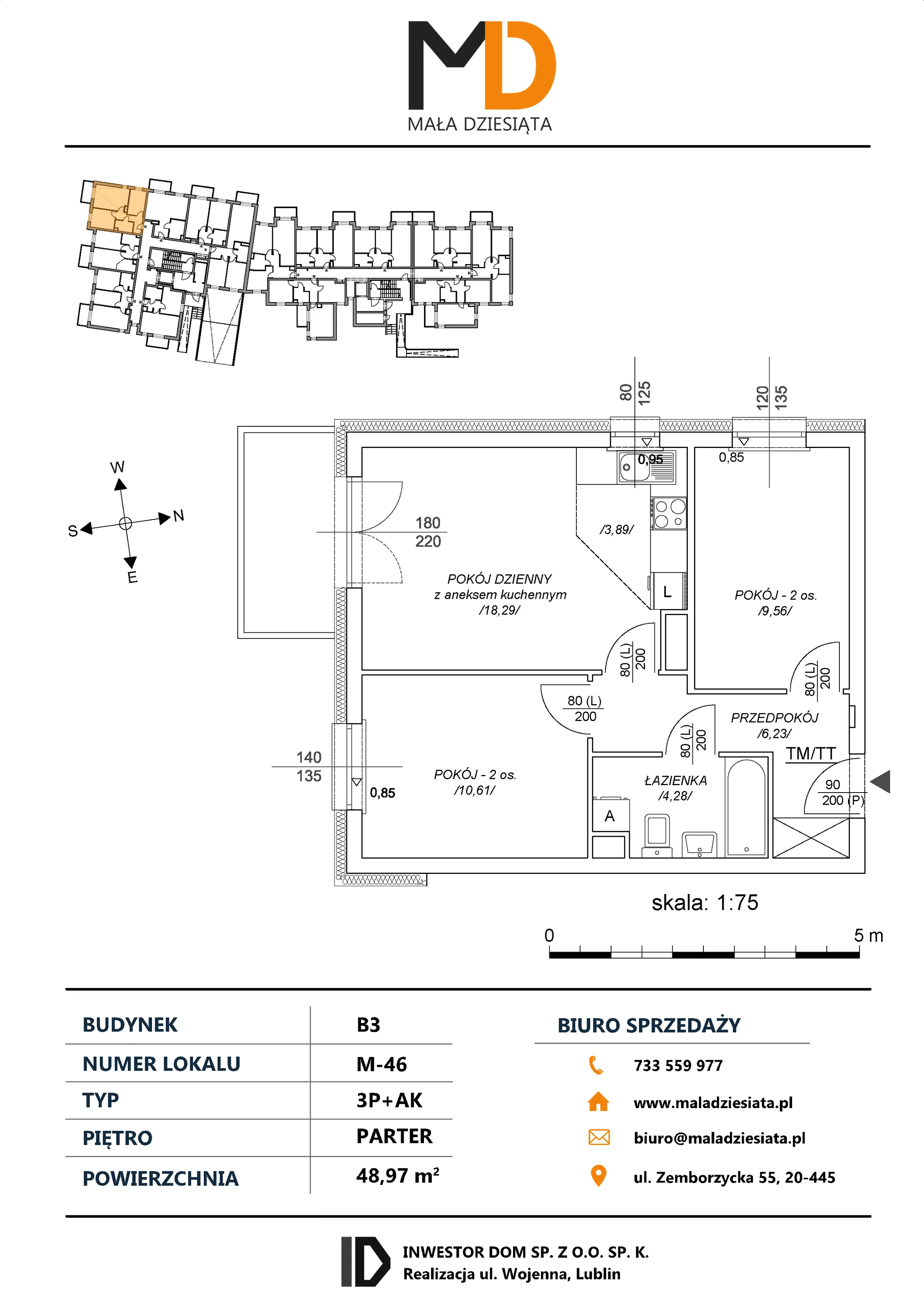 3 pokoje, mieszkanie 48,97 m², parter, oferta nr M46, Mała Dziesiąta, Lublin, Dziesiąta, ul. Wojenna