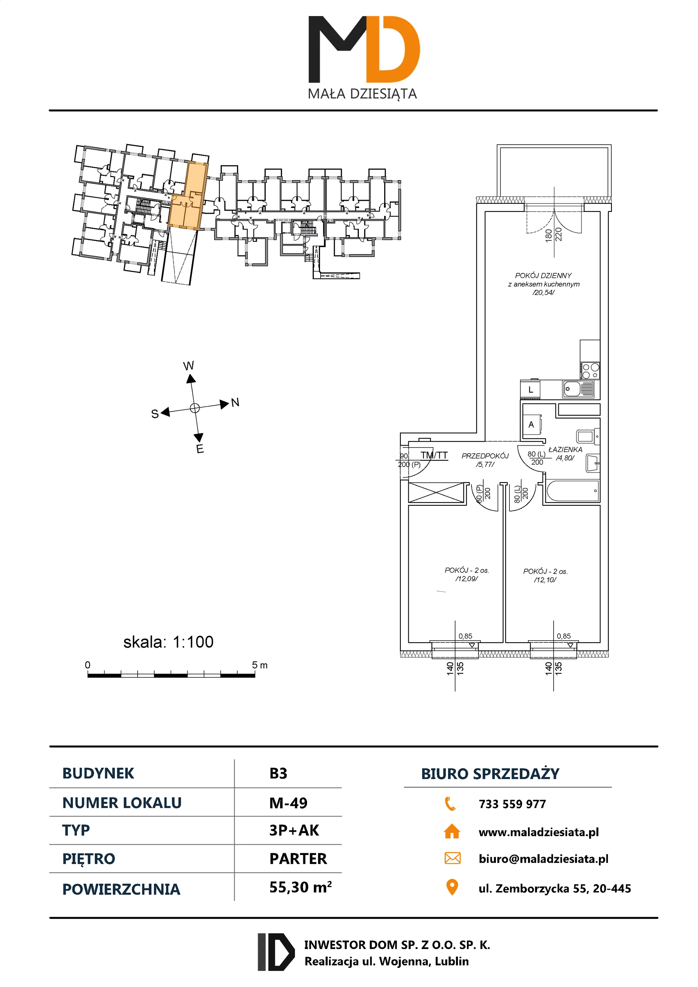 3 pokoje, mieszkanie 55,30 m², parter, oferta nr M49, Mała Dziesiąta, Lublin, Dziesiąta, ul. Wojenna