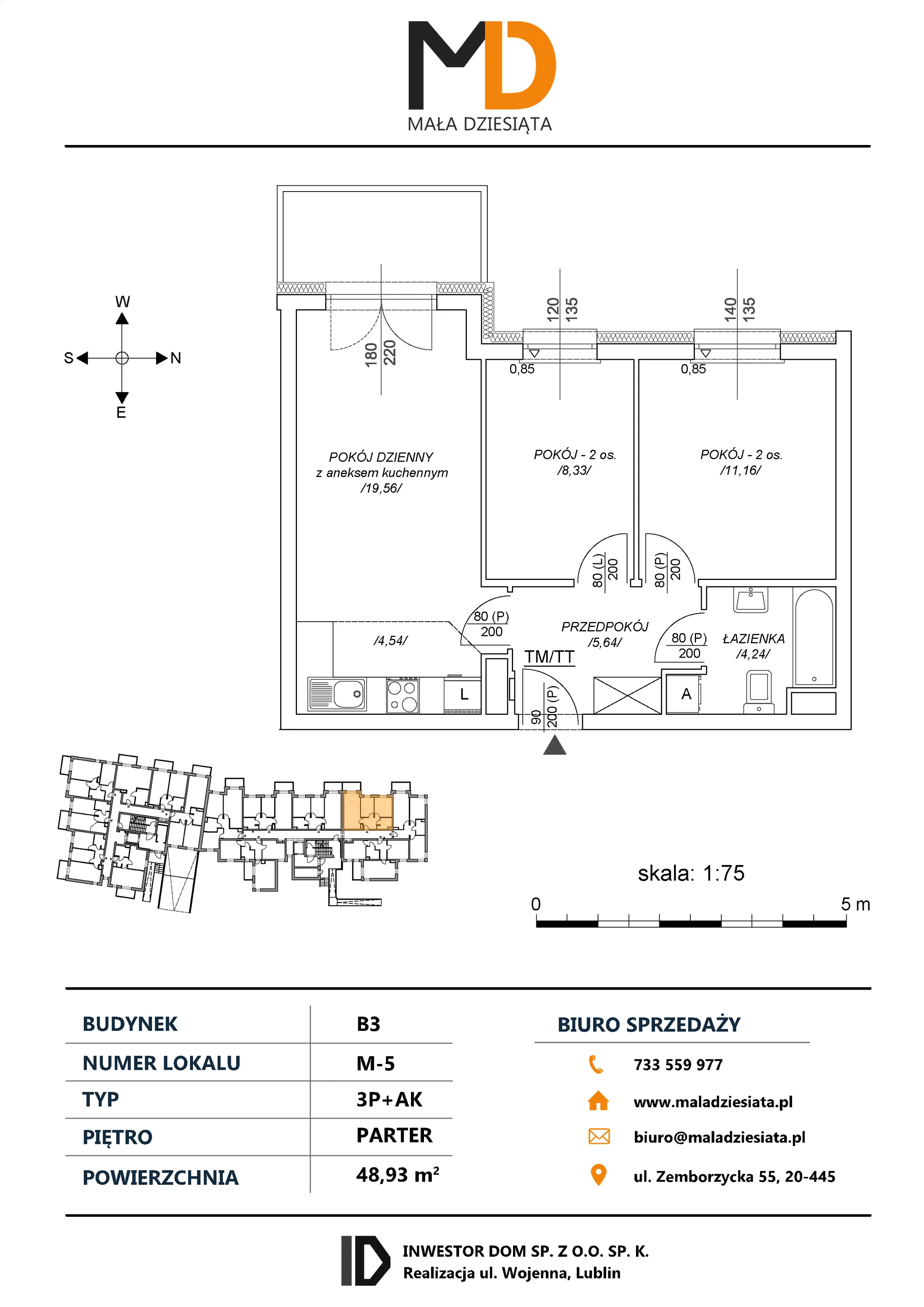 3 pokoje, mieszkanie 48,93 m², parter, oferta nr M5, Mała Dziesiąta, Lublin, Dziesiąta, ul. Wojenna
