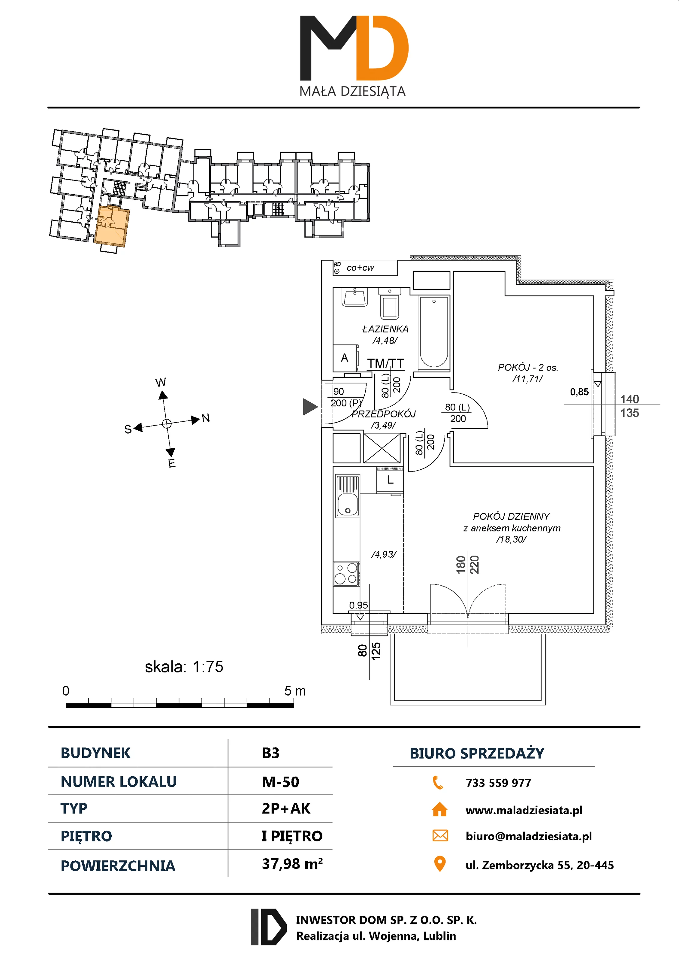 2 pokoje, mieszkanie 37,98 m², piętro 1, oferta nr M50, Mała Dziesiąta, Lublin, Dziesiąta, ul. Wojenna