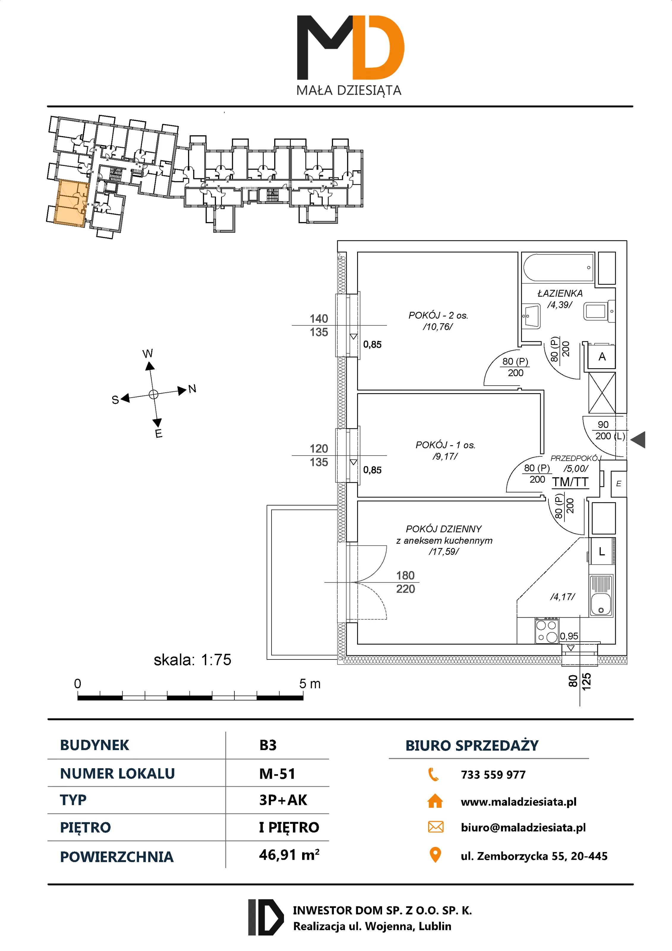 3 pokoje, mieszkanie 46,91 m², piętro 1, oferta nr M51, Mała Dziesiąta, Lublin, Dziesiąta, ul. Wojenna