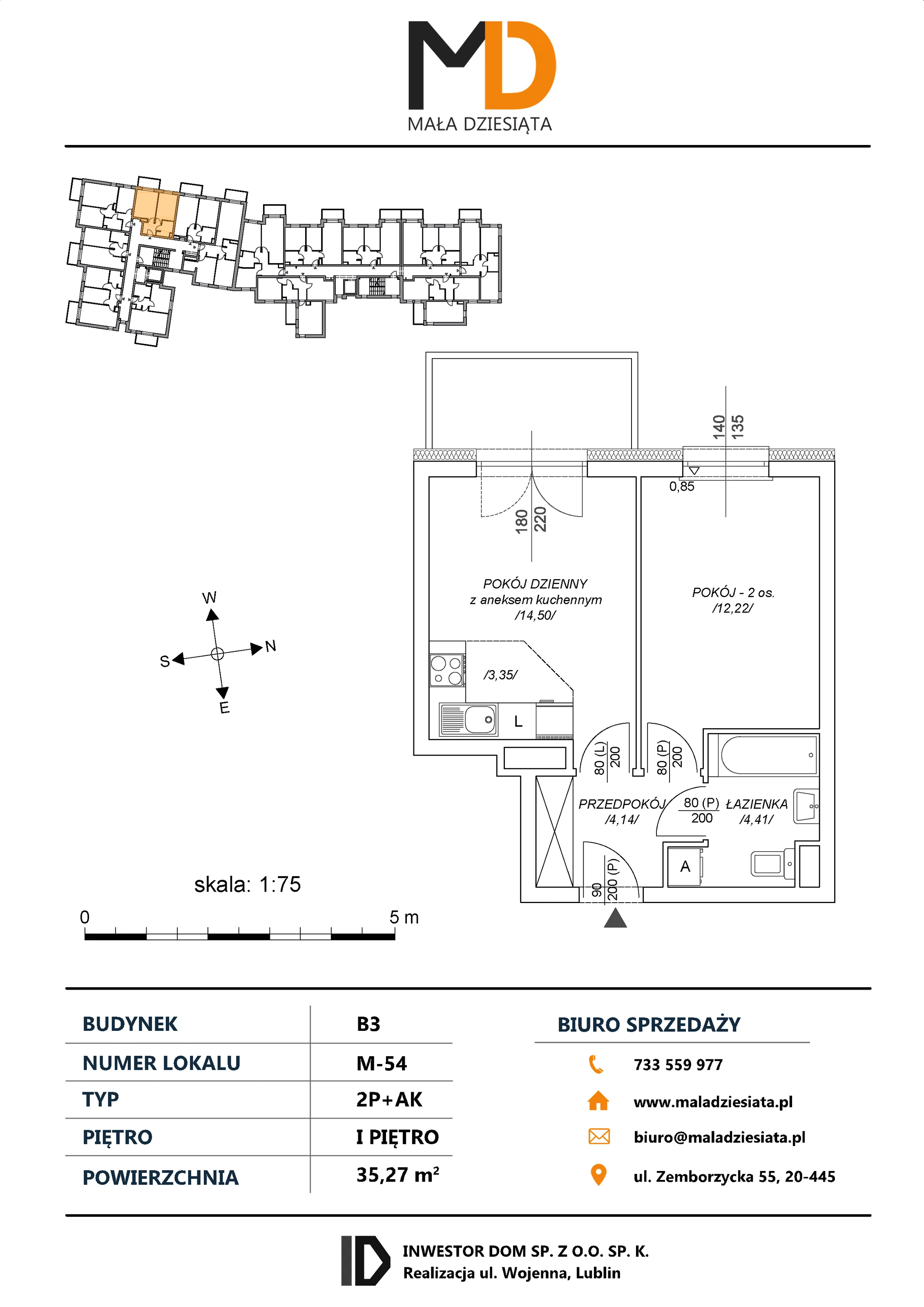2 pokoje, mieszkanie 35,27 m², piętro 1, oferta nr M54, Mała Dziesiąta, Lublin, Dziesiąta, ul. Wojenna