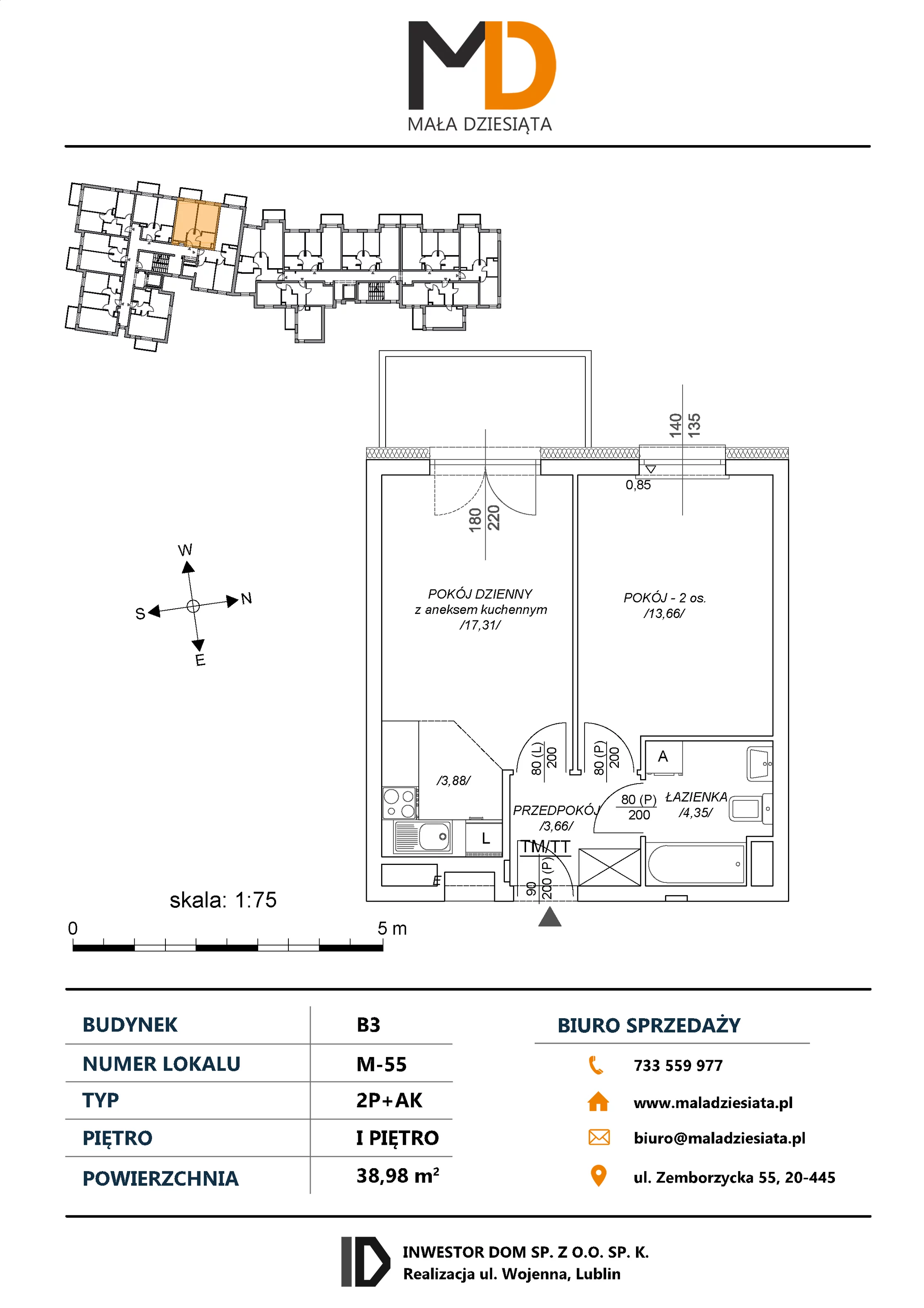 2 pokoje, mieszkanie 38,98 m², piętro 1, oferta nr M55, Mała Dziesiąta, Lublin, Dziesiąta, ul. Wojenna
