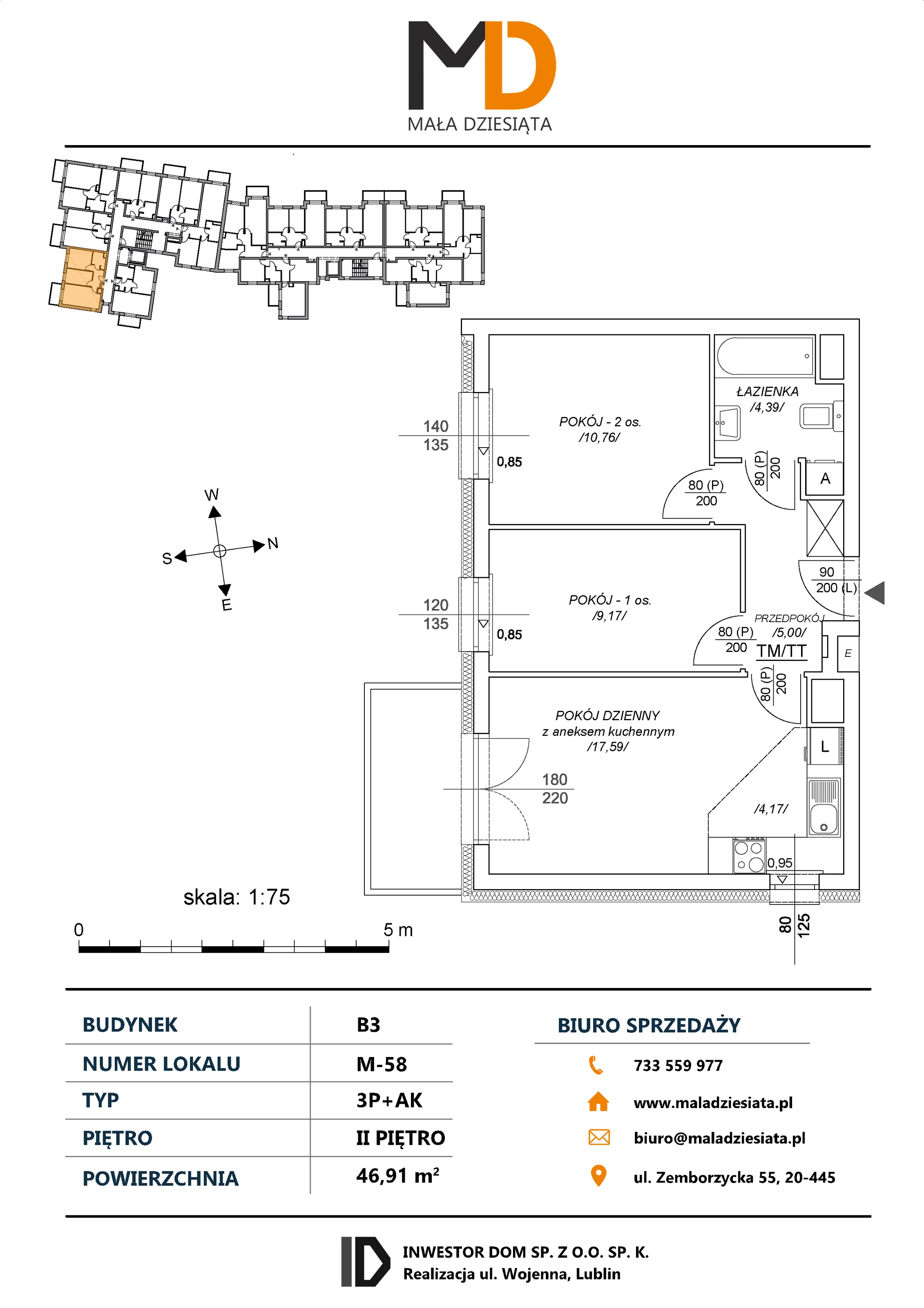 3 pokoje, mieszkanie 46,91 m², piętro 2, oferta nr M58, Mała Dziesiąta, Lublin, Dziesiąta, ul. Wojenna