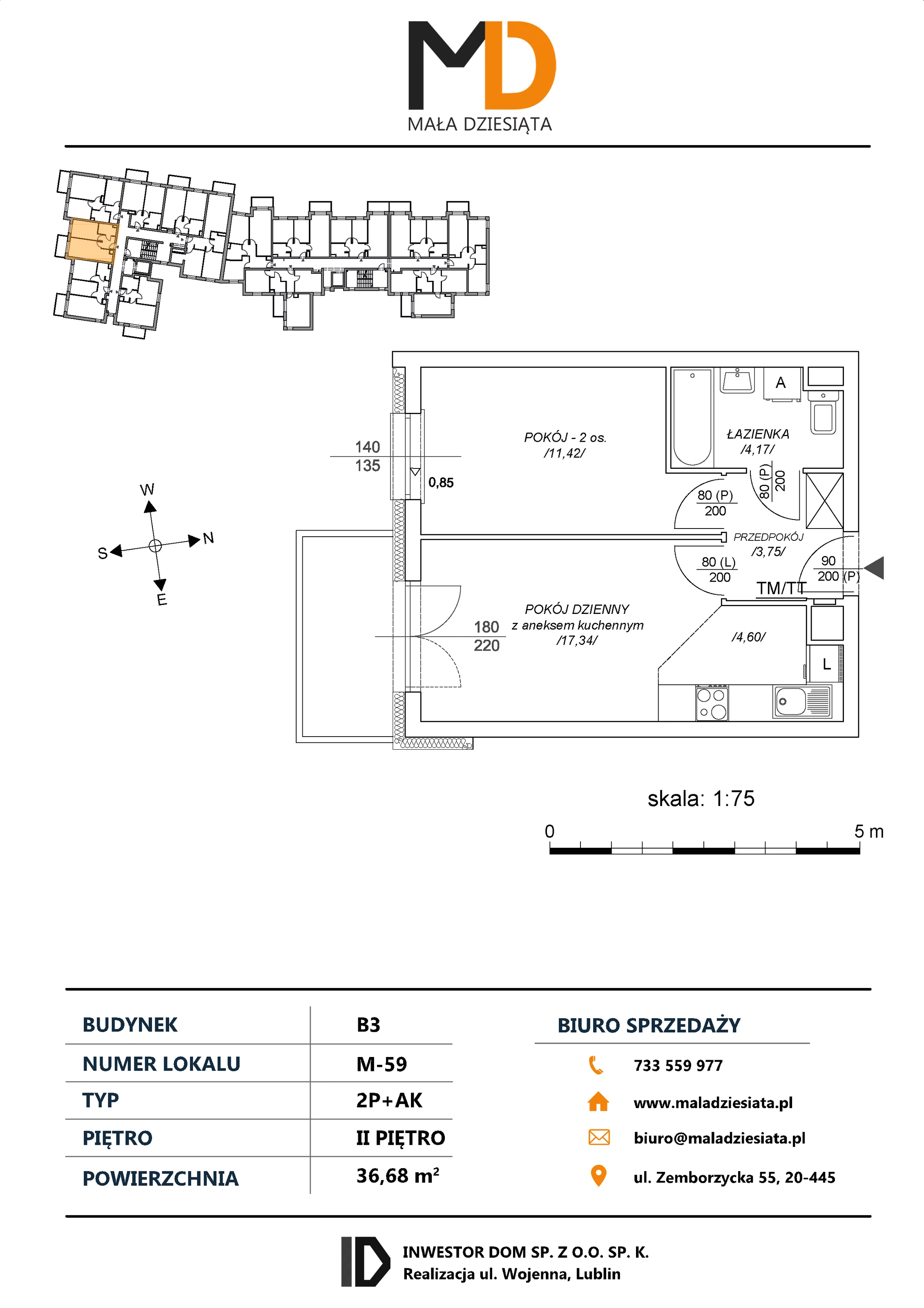 2 pokoje, mieszkanie 36,68 m², piętro 2, oferta nr M59, Mała Dziesiąta, Lublin, Dziesiąta, ul. Wojenna