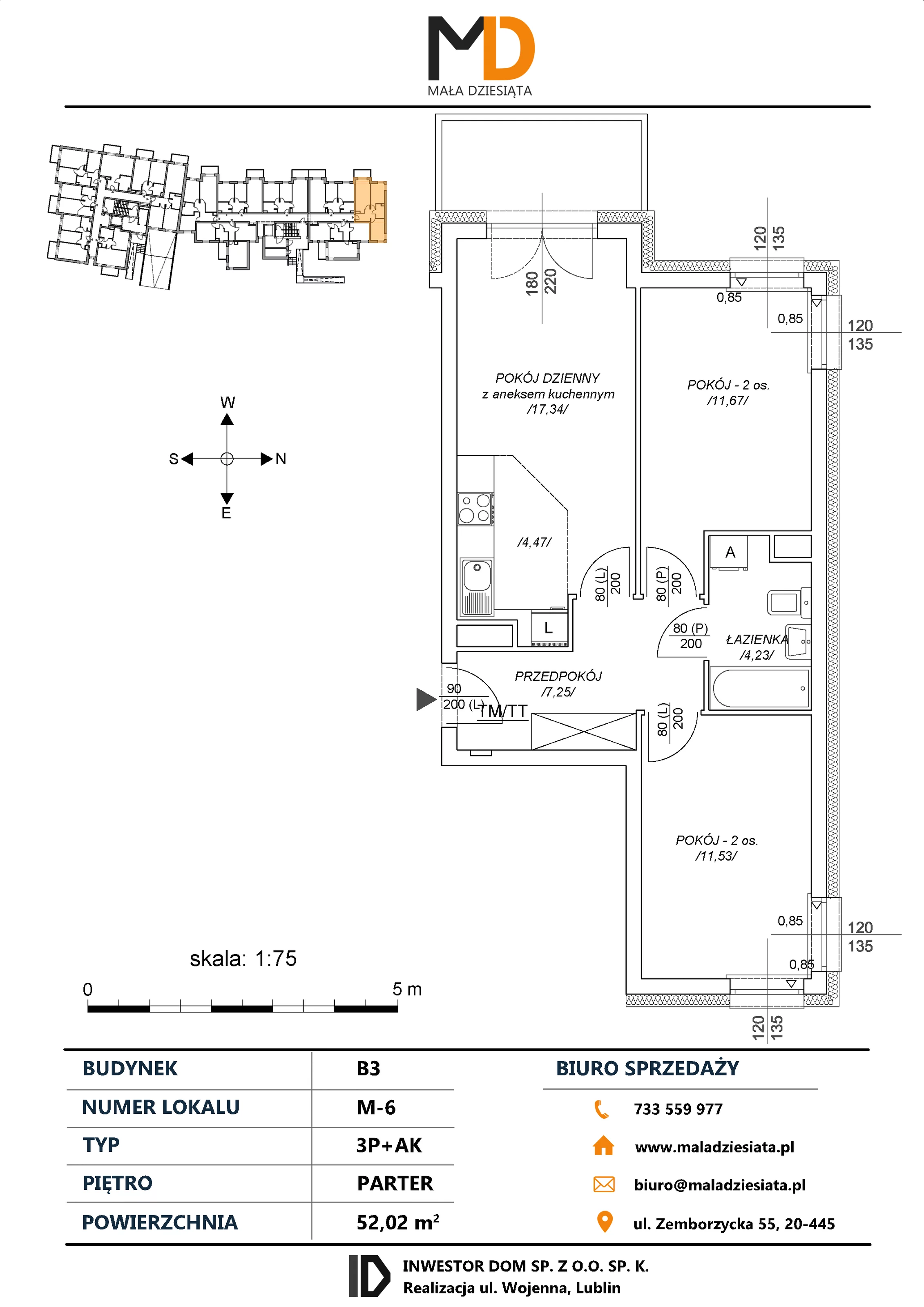 3 pokoje, mieszkanie 52,02 m², parter, oferta nr M6, Mała Dziesiąta, Lublin, Dziesiąta, ul. Wojenna