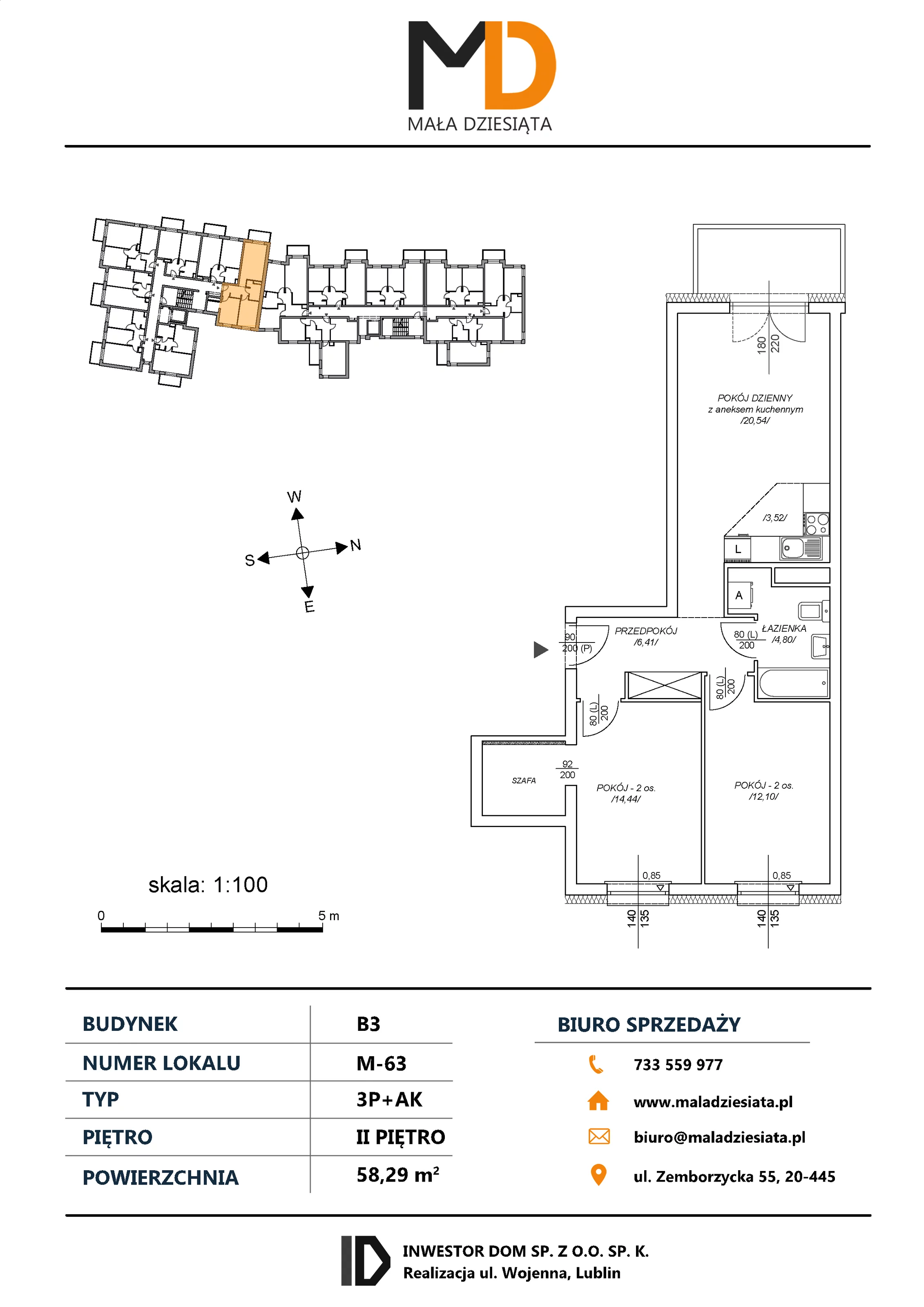 3 pokoje, mieszkanie 58,29 m², piętro 2, oferta nr M63, Mała Dziesiąta, Lublin, Dziesiąta, ul. Wojenna