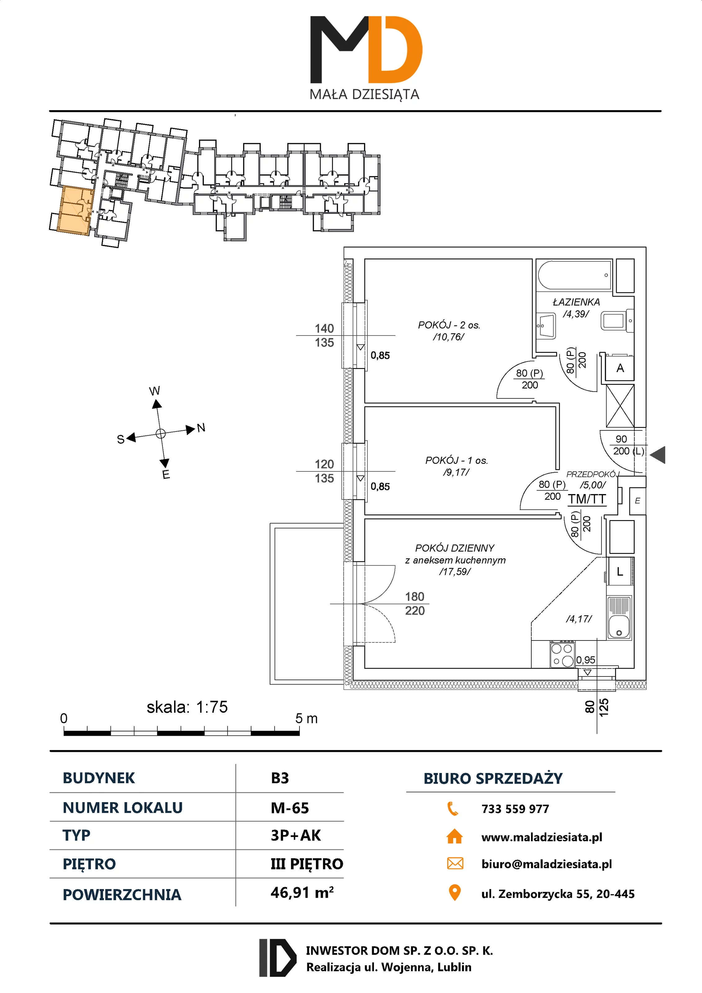 3 pokoje, mieszkanie 46,91 m², piętro 3, oferta nr M65, Mała Dziesiąta, Lublin, Dziesiąta, ul. Wojenna