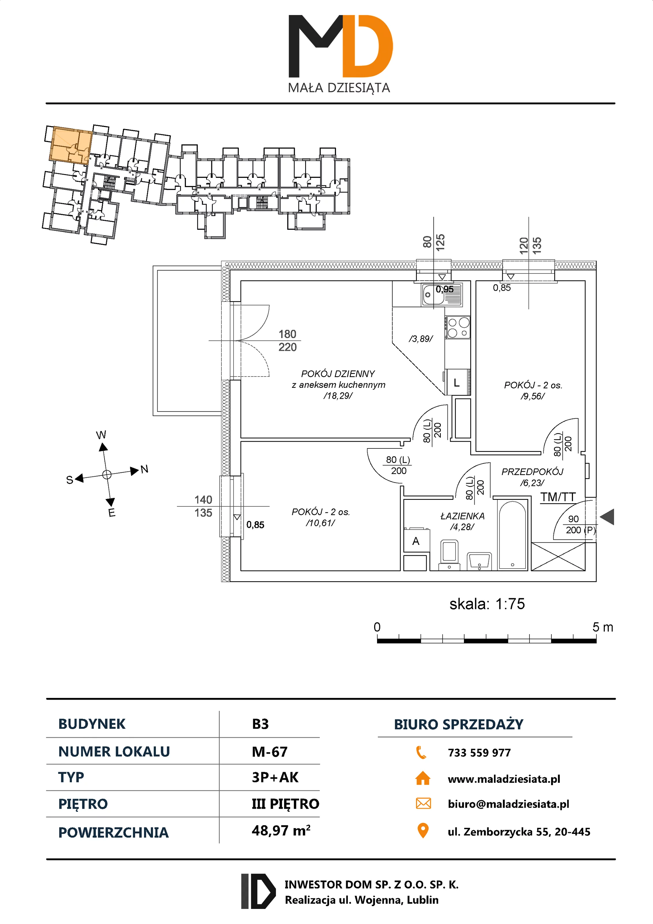 3 pokoje, mieszkanie 48,97 m², piętro 3, oferta nr M67, Mała Dziesiąta, Lublin, Dziesiąta, ul. Wojenna