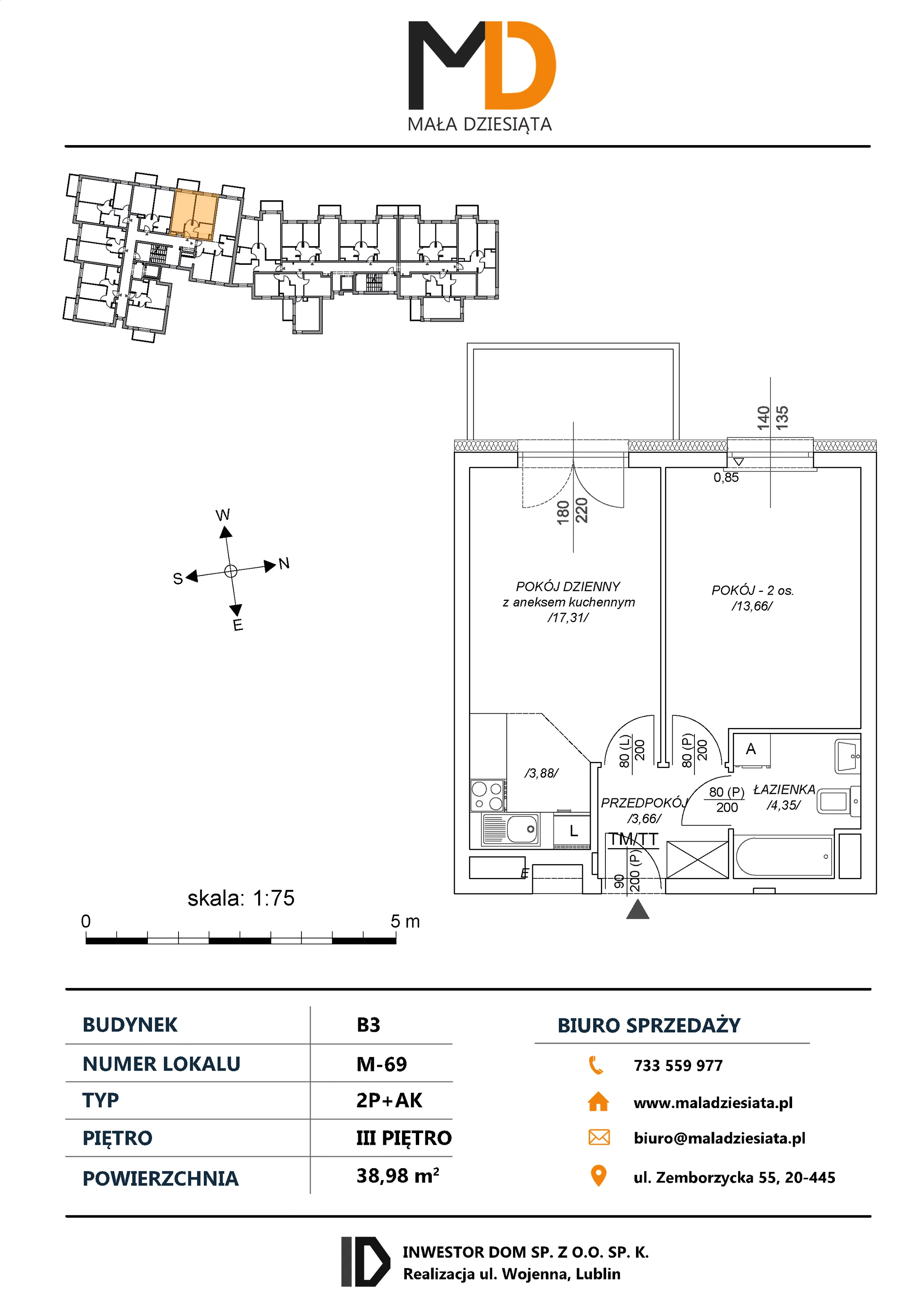 2 pokoje, mieszkanie 38,98 m², piętro 3, oferta nr M69, Mała Dziesiąta, Lublin, Dziesiąta, ul. Wojenna