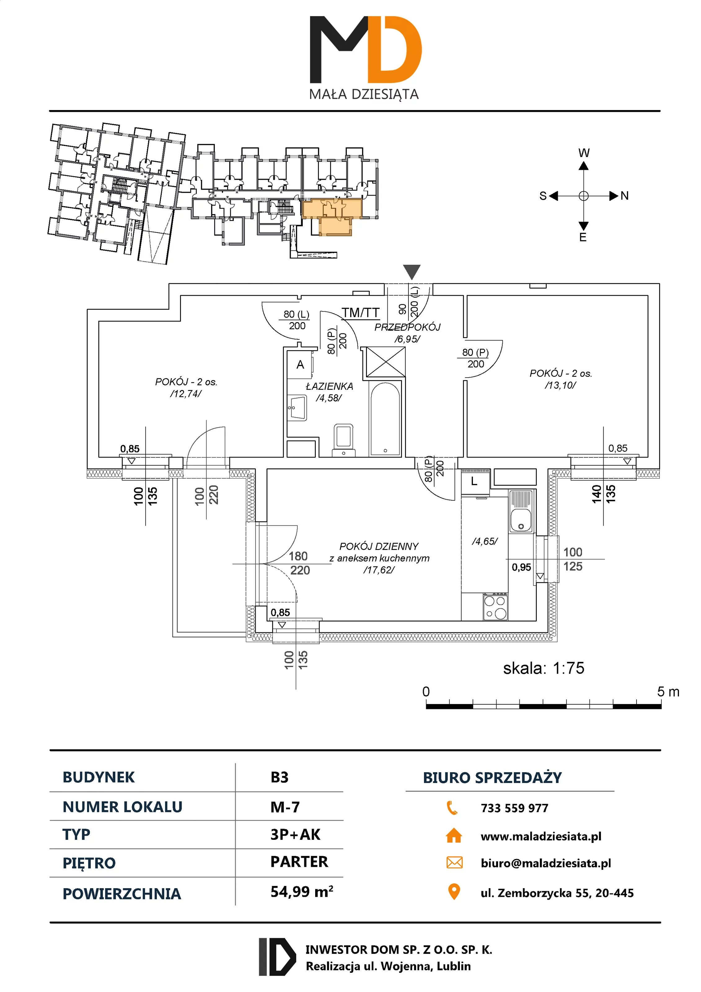 3 pokoje, mieszkanie 54,99 m², parter, oferta nr M7, Mała Dziesiąta, Lublin, Dziesiąta, ul. Wojenna