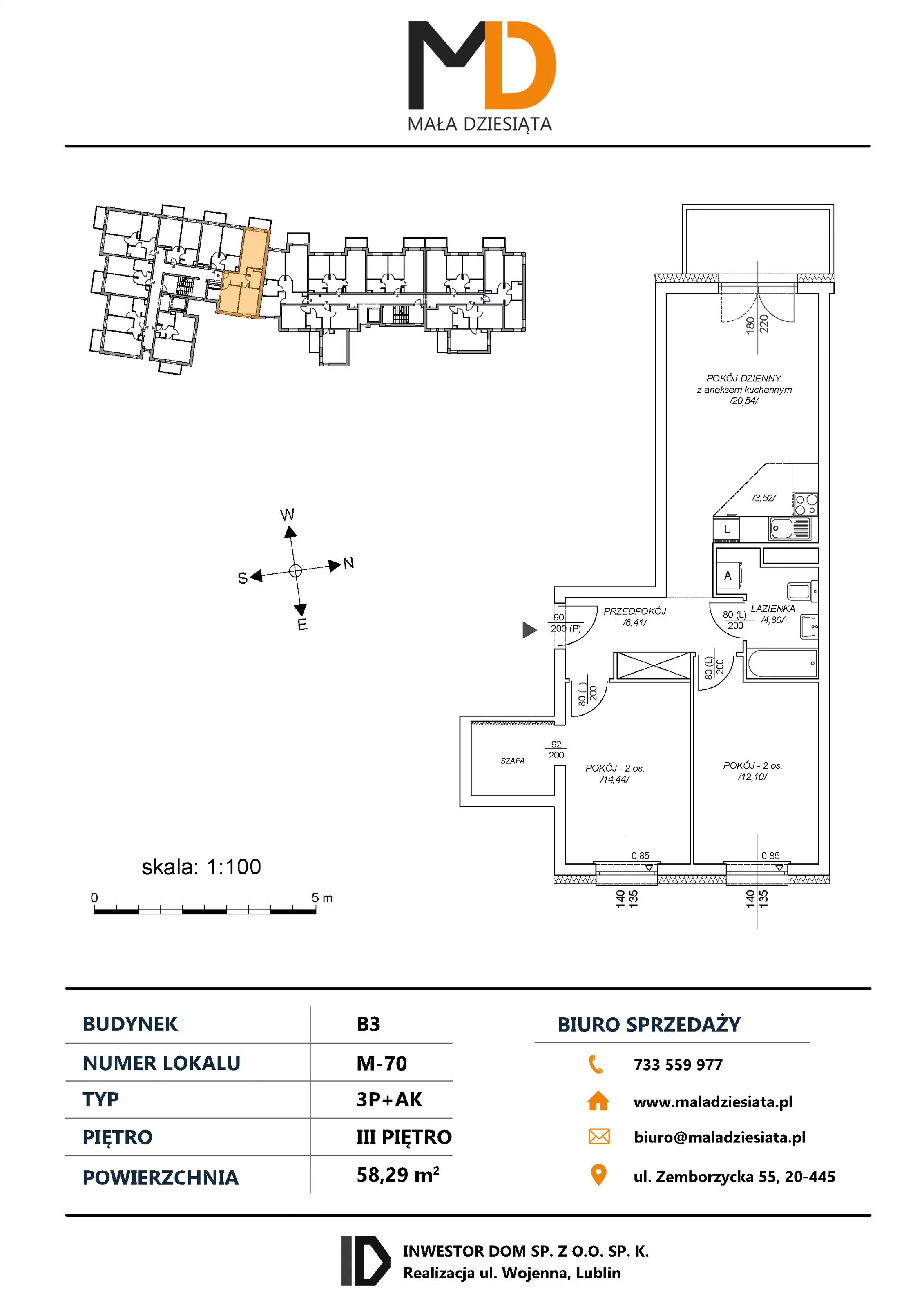 3 pokoje, mieszkanie 58,29 m², piętro 3, oferta nr M70, Mała Dziesiąta, Lublin, Dziesiąta, ul. Wojenna