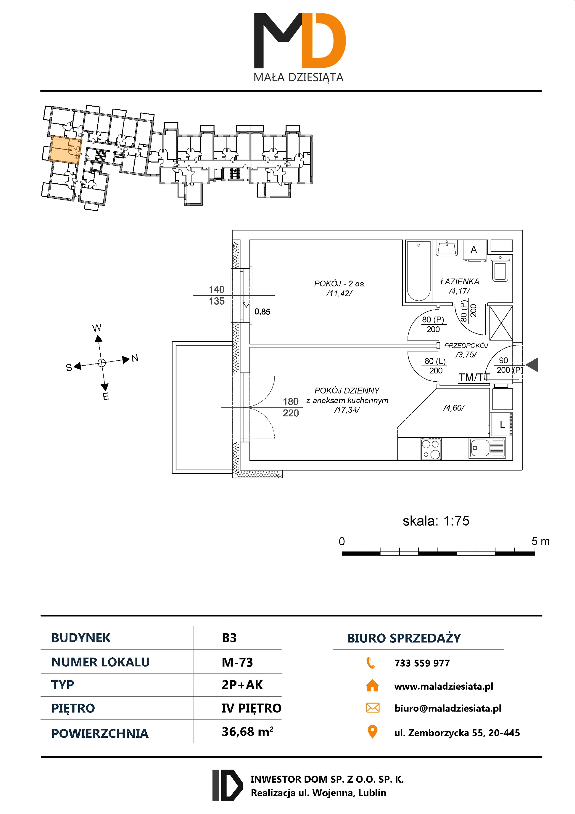 2 pokoje, mieszkanie 36,68 m², piętro 4, oferta nr M73, Mała Dziesiąta, Lublin, Dziesiąta, ul. Wojenna