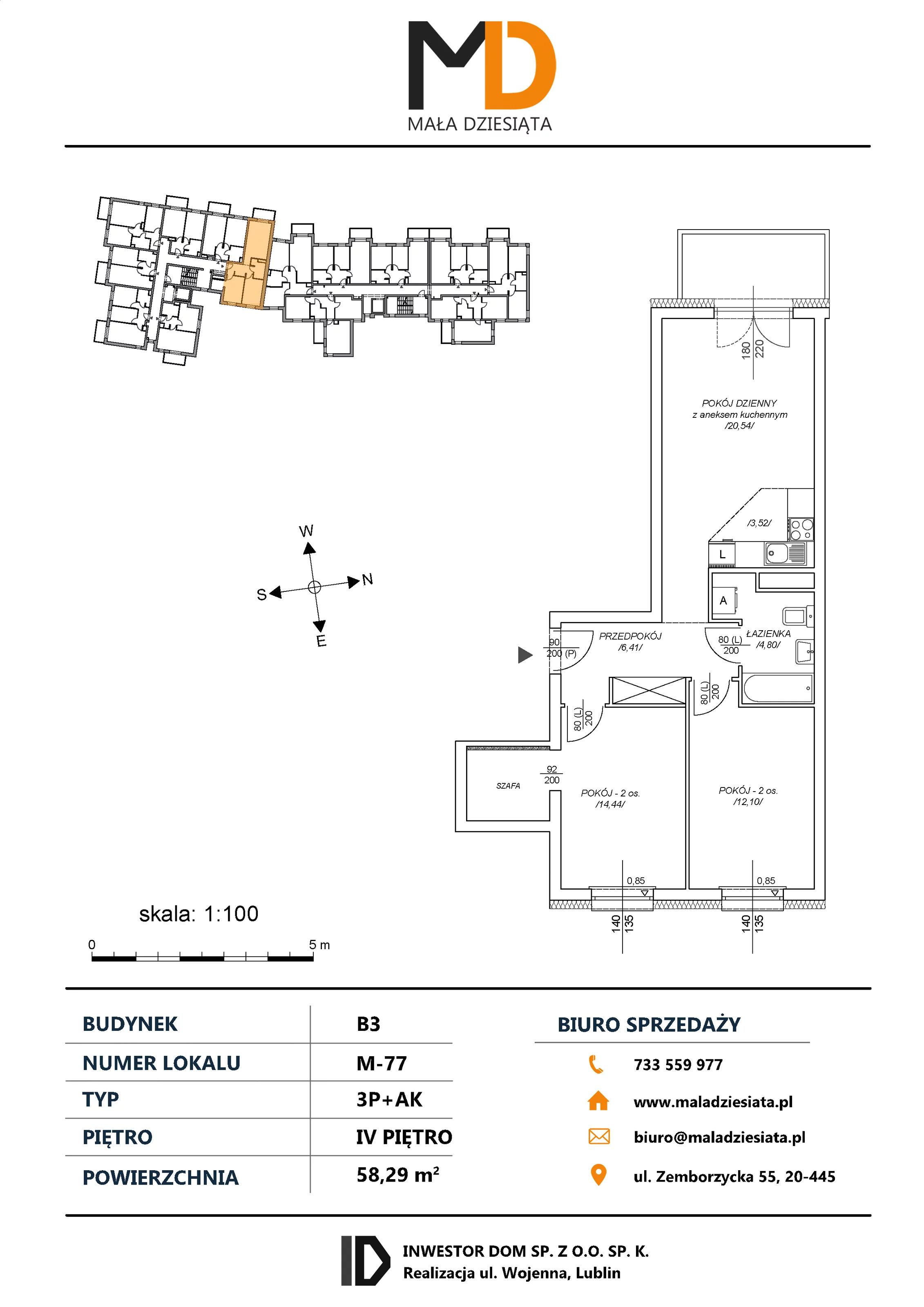 3 pokoje, mieszkanie 58,29 m², piętro 4, oferta nr M77, Mała Dziesiąta, Lublin, Dziesiąta, ul. Wojenna
