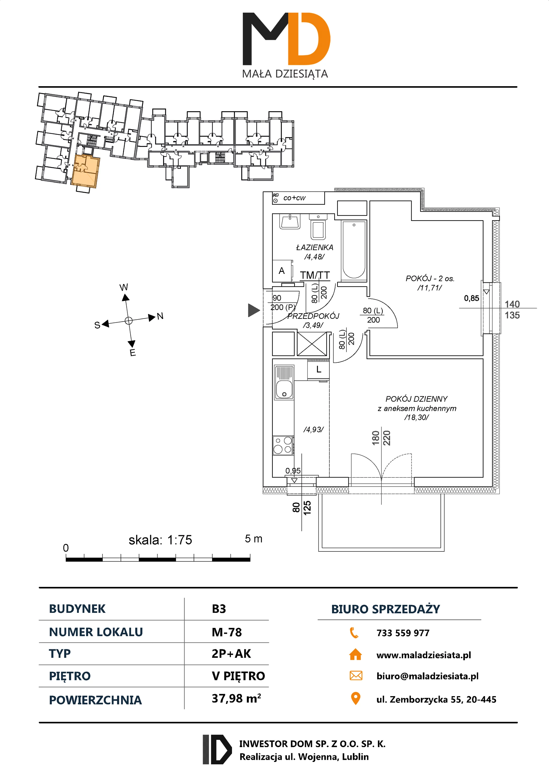 2 pokoje, mieszkanie 37,98 m², piętro 5, oferta nr M78, Mała Dziesiąta, Lublin, Dziesiąta, ul. Wojenna