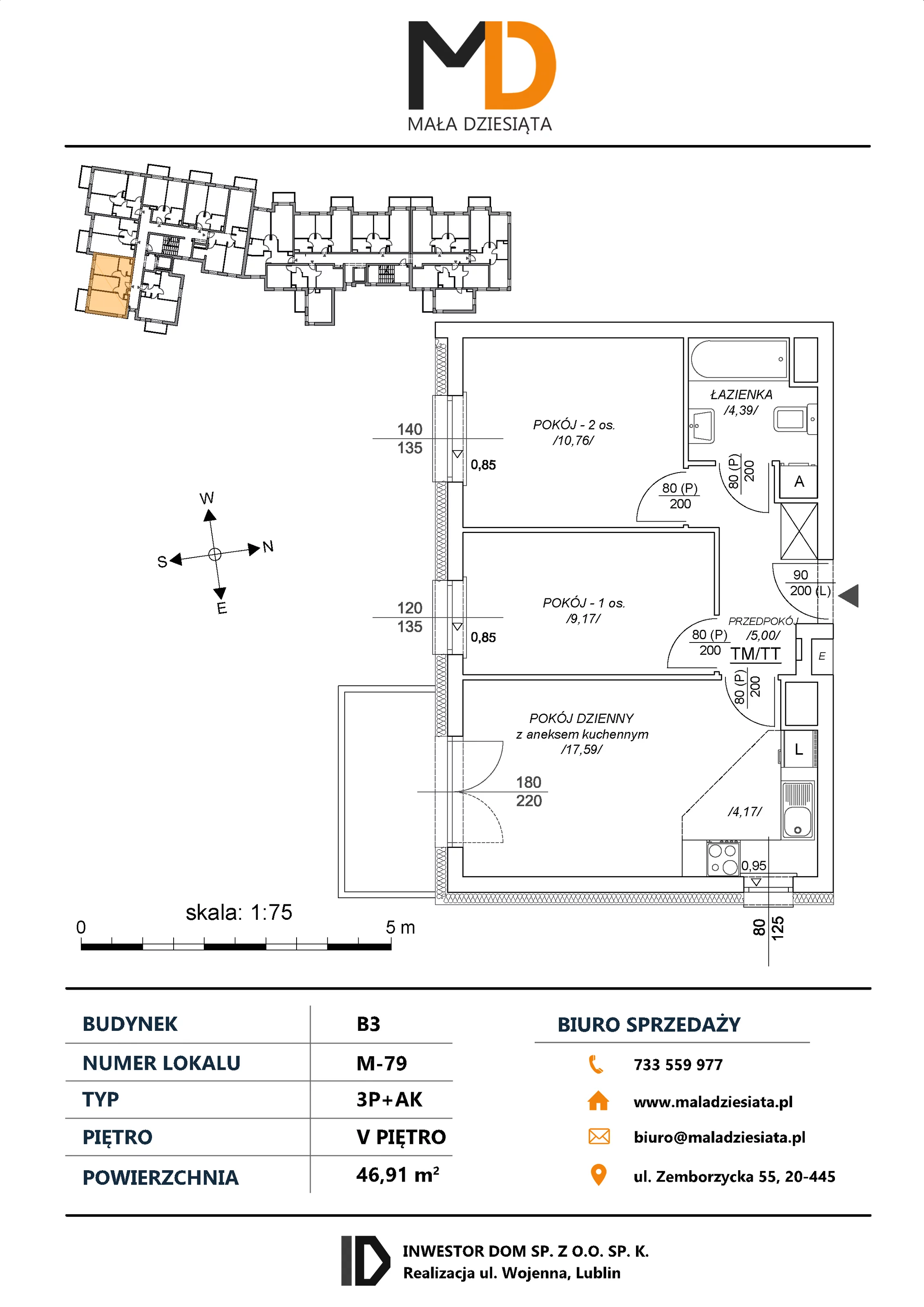 3 pokoje, mieszkanie 46,91 m², piętro 5, oferta nr M79, Mała Dziesiąta, Lublin, Dziesiąta, ul. Wojenna