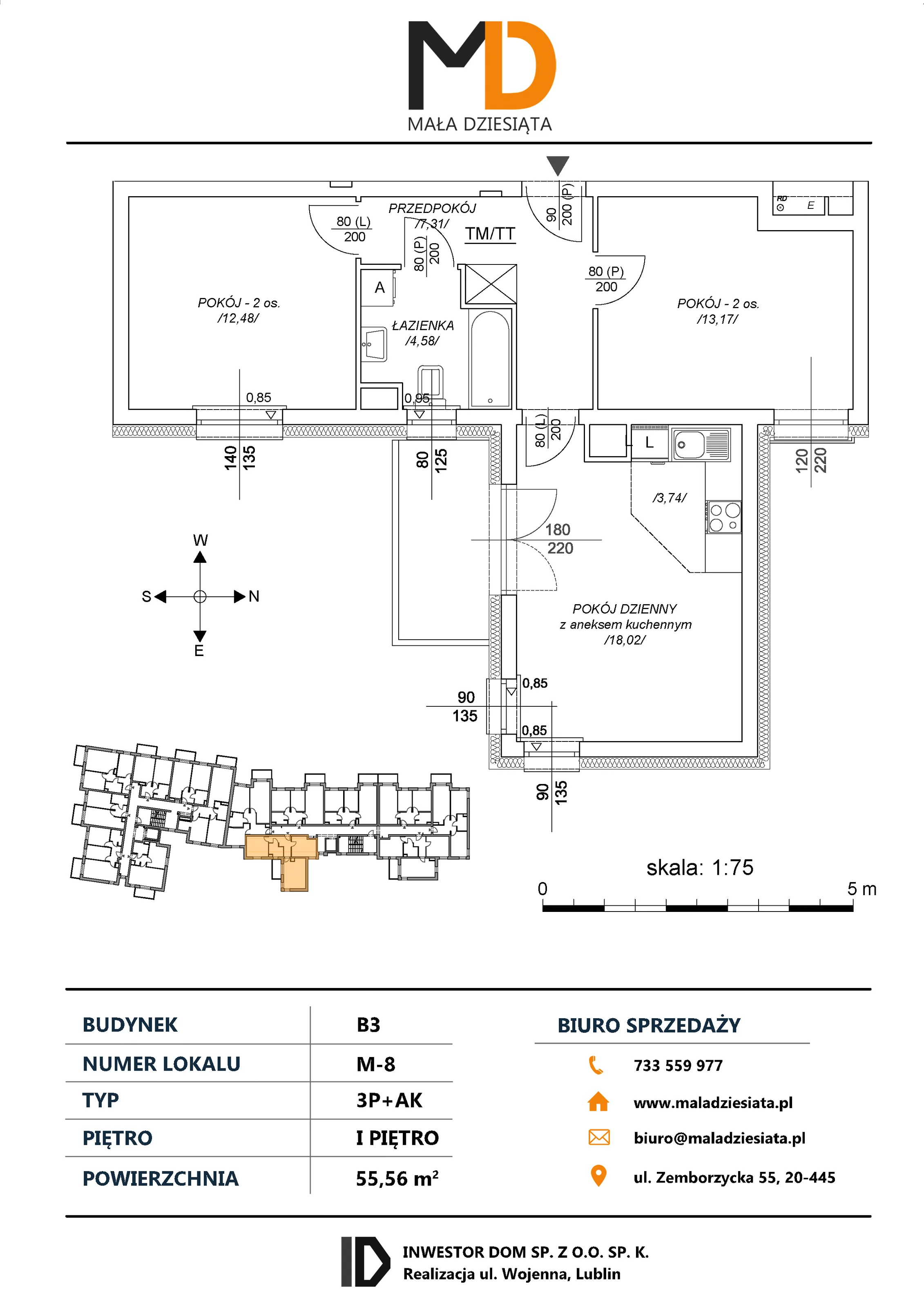 3 pokoje, mieszkanie 55,56 m², piętro 1, oferta nr M8, Mała Dziesiąta, Lublin, Dziesiąta, ul. Wojenna