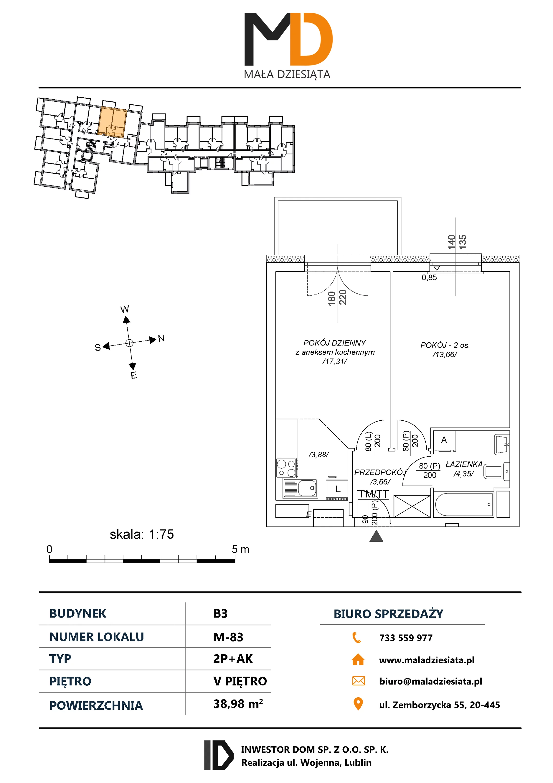2 pokoje, mieszkanie 38,98 m², piętro 5, oferta nr M83, Mała Dziesiąta, Lublin, Dziesiąta, ul. Wojenna