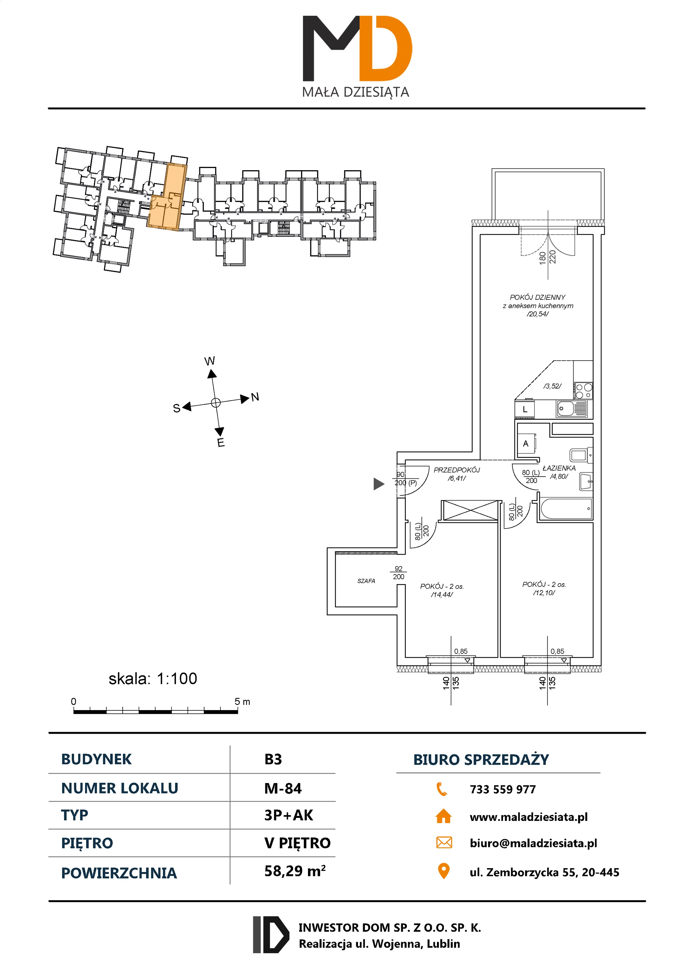 3 pokoje, mieszkanie 58,29 m², piętro 5, oferta nr M84, Mała Dziesiąta, Lublin, Dziesiąta, ul. Wojenna